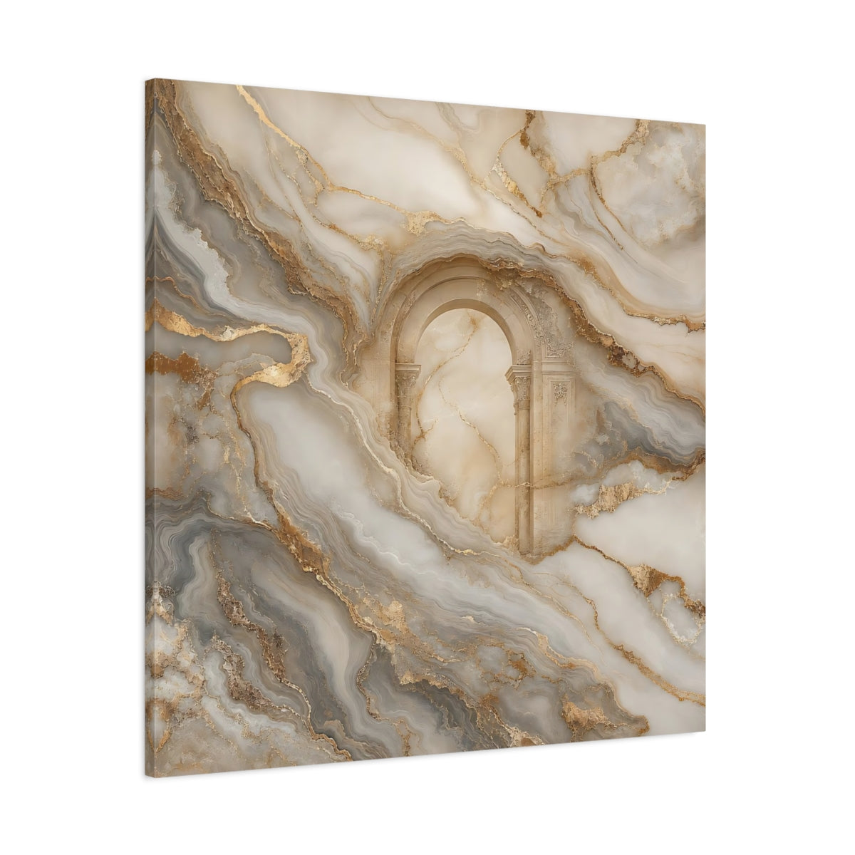 Side Mockup 1. Abstract Marble Arch Gold And Grey shown as stretched canvas wall art
