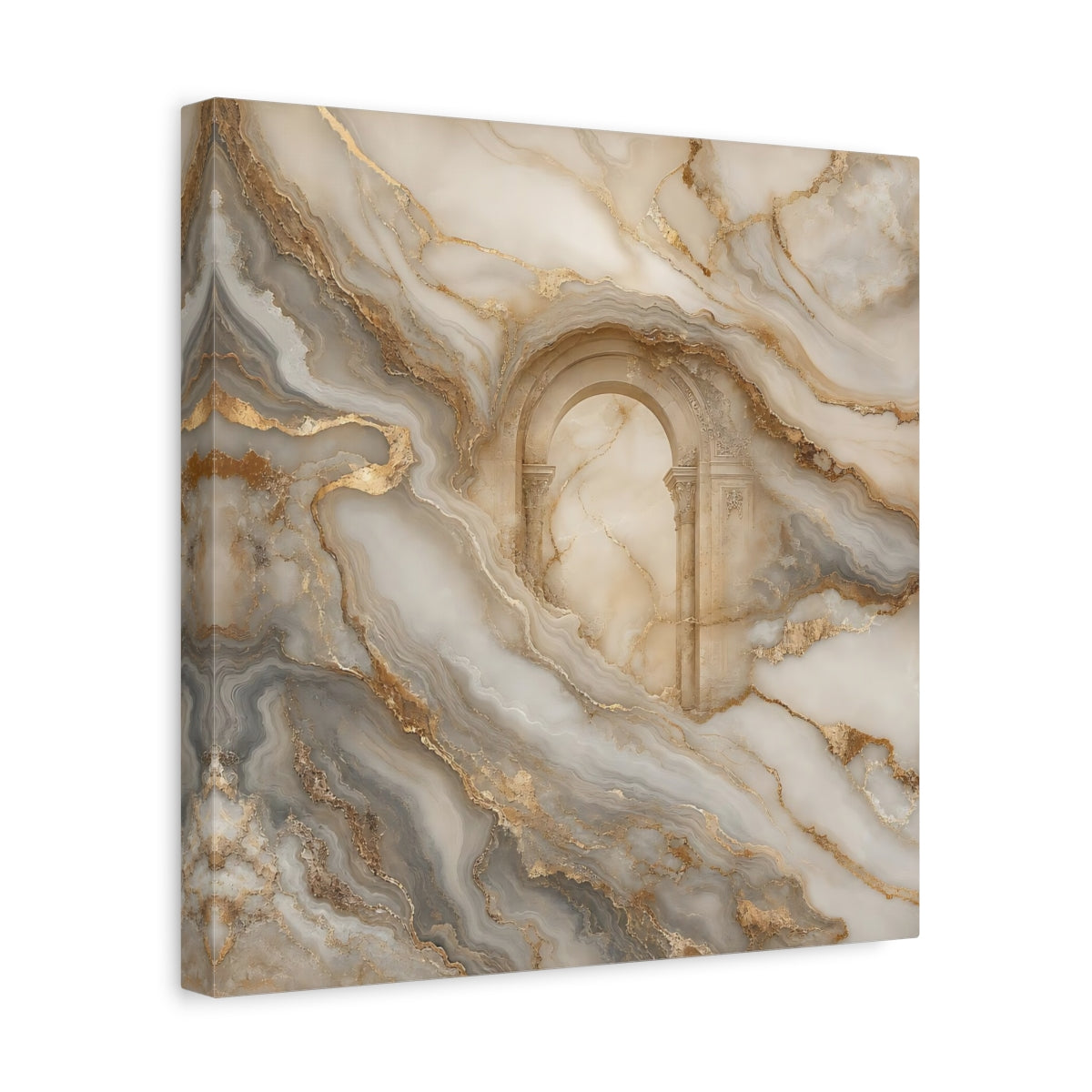 Side Mockup 7. Abstract Marble Arch Gold And Grey shown as stretched canvas wall art