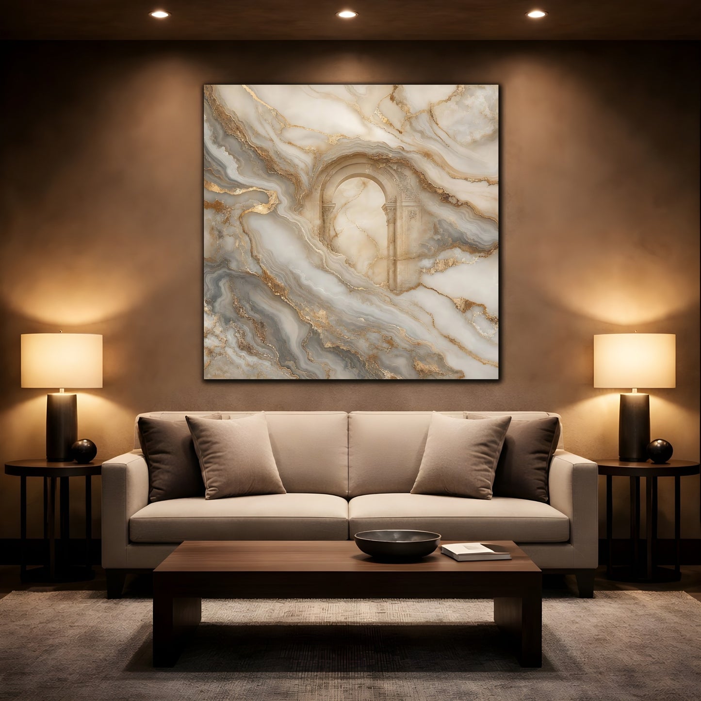 Mockup 2. Abstract Marble Arch Gold And Grey shown as stretched canvas wall art