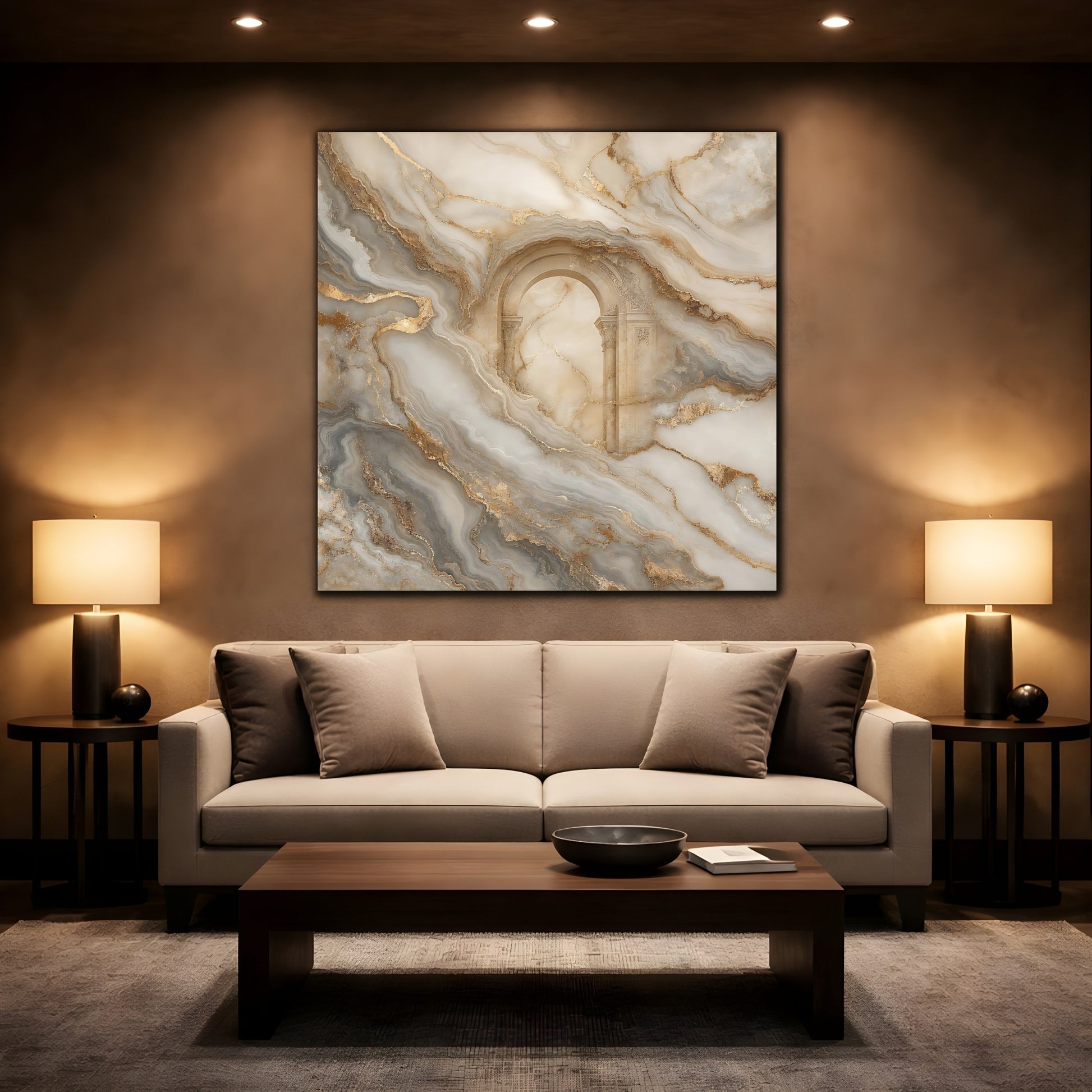 Mockup 2. Abstract Marble Arch Gold And Grey shown as stretched canvas wall art
