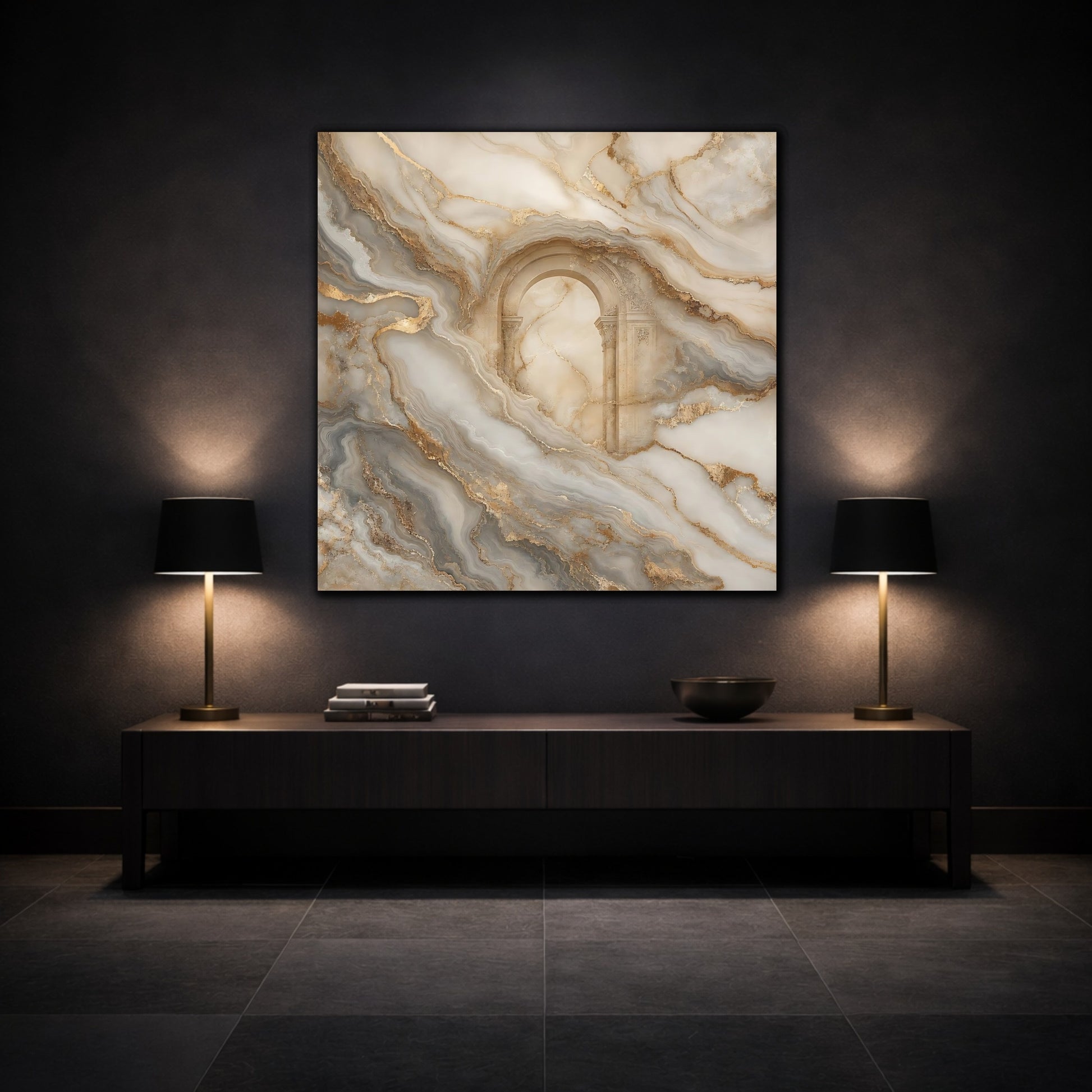 Mockup 3. Abstract Marble Arch Gold And Grey shown as stretched canvas wall art