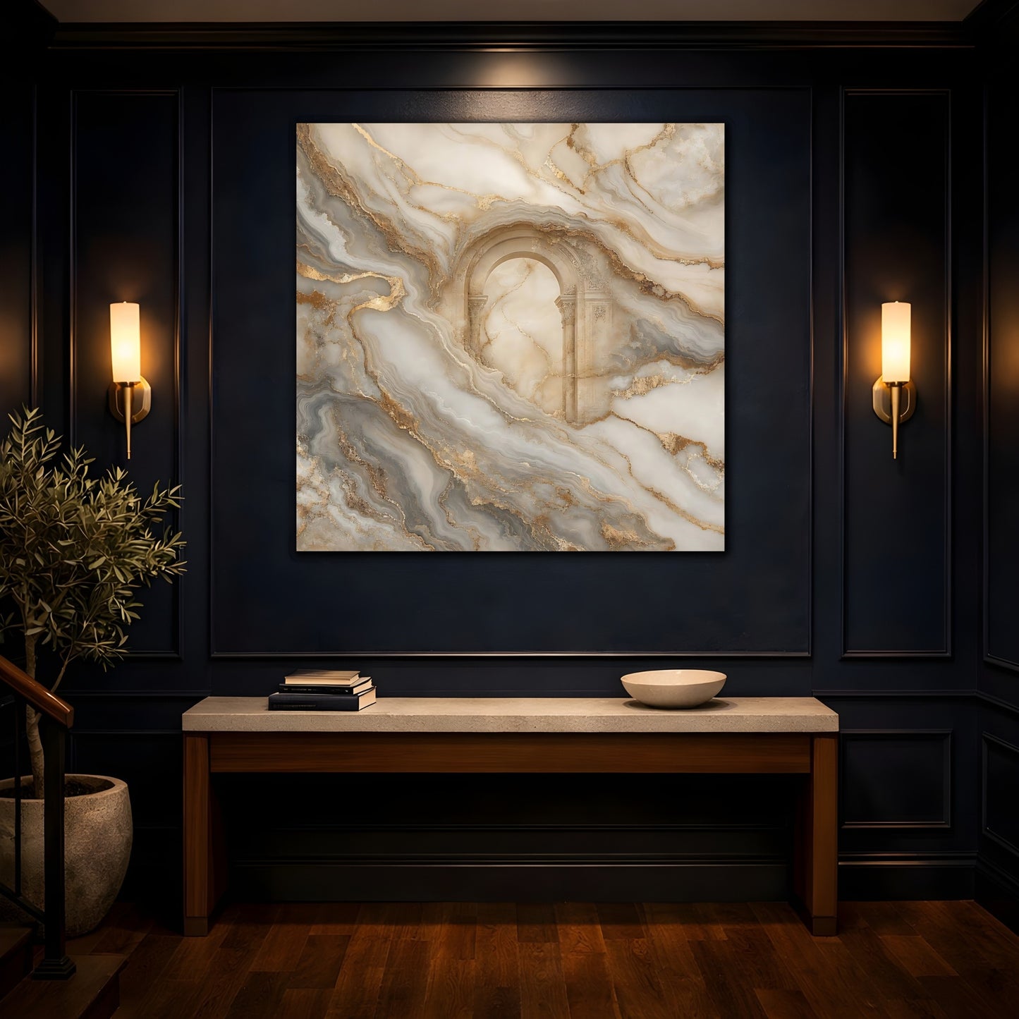 Mockup 4. Abstract Marble Arch Gold And Grey shown as stretched canvas wall art