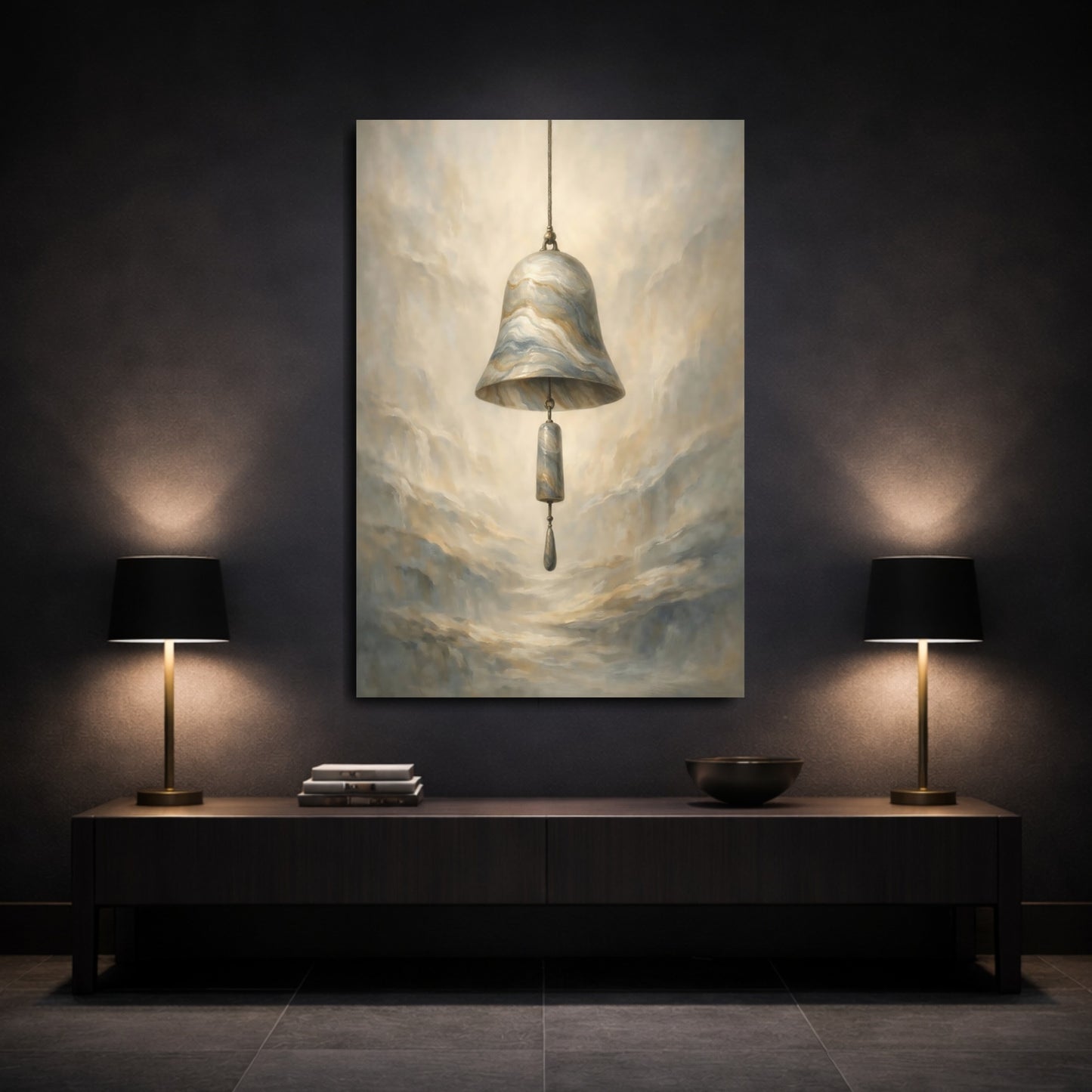 Mockup 2. Abstract Marble Bell Gold Gray Bell shown as stretched canvas wall art