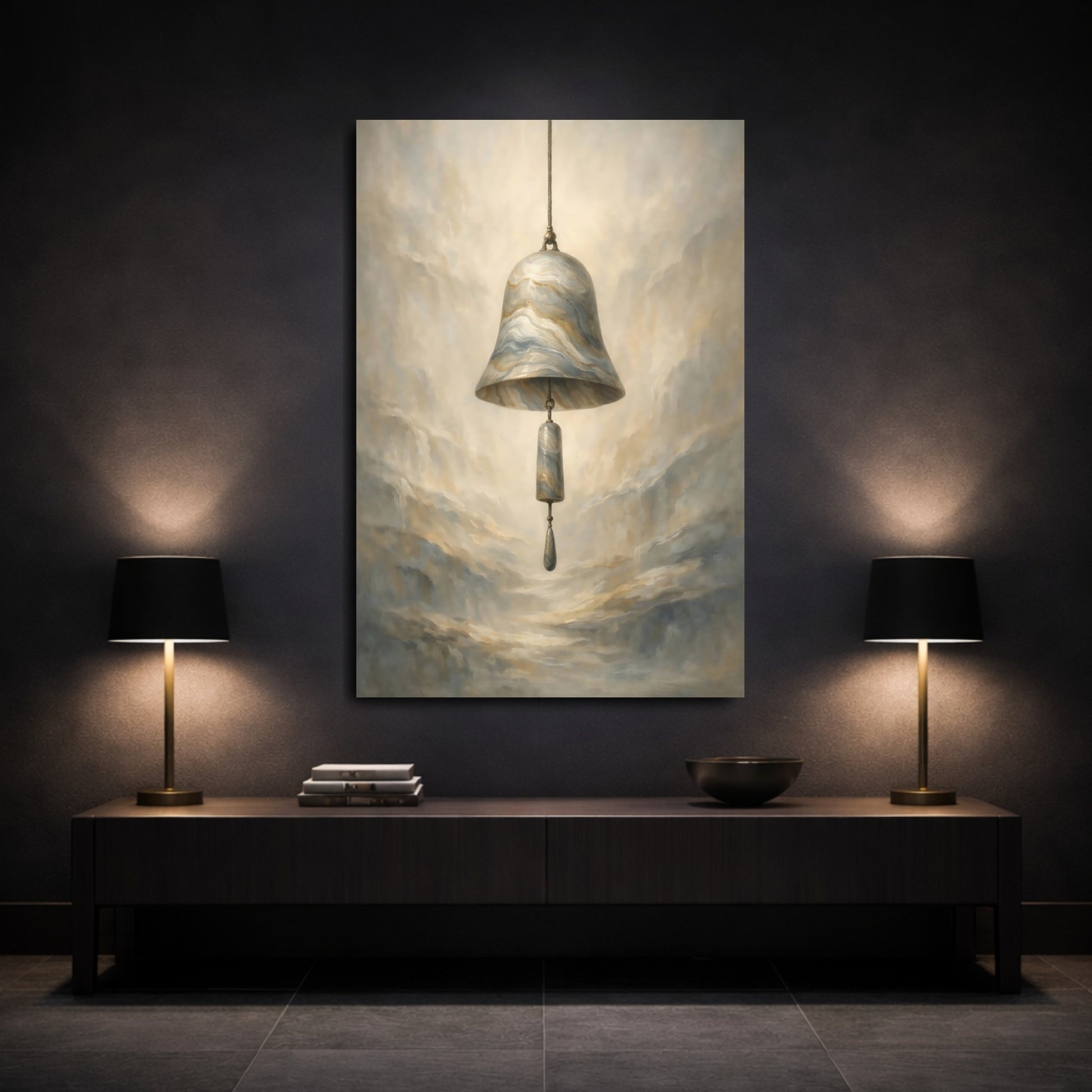 Mockup 2. Abstract Marble Bell Gold Gray Bell shown as stretched canvas wall art