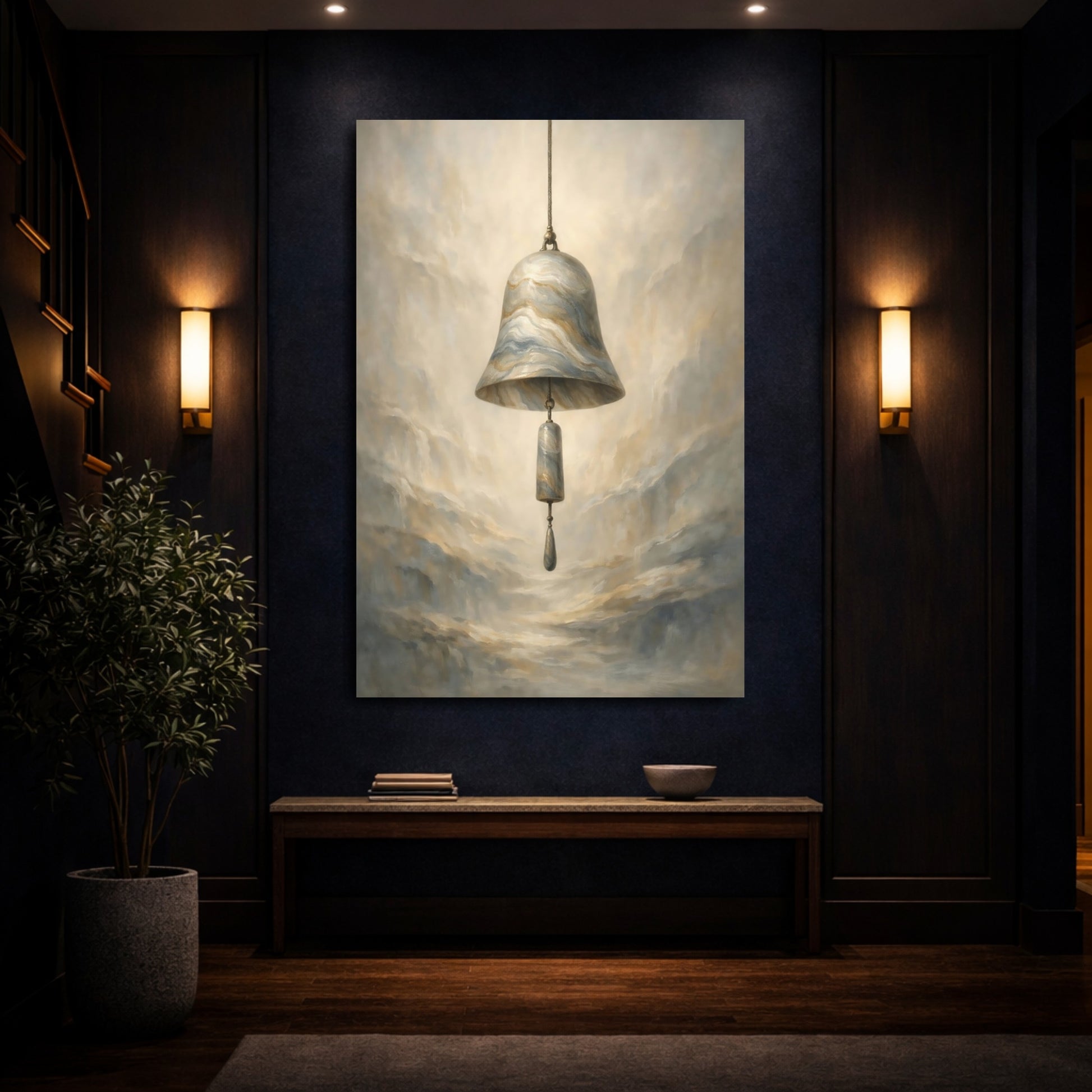 Mockup 3. Abstract Marble Bell Gold Gray Bell shown as stretched canvas wall art