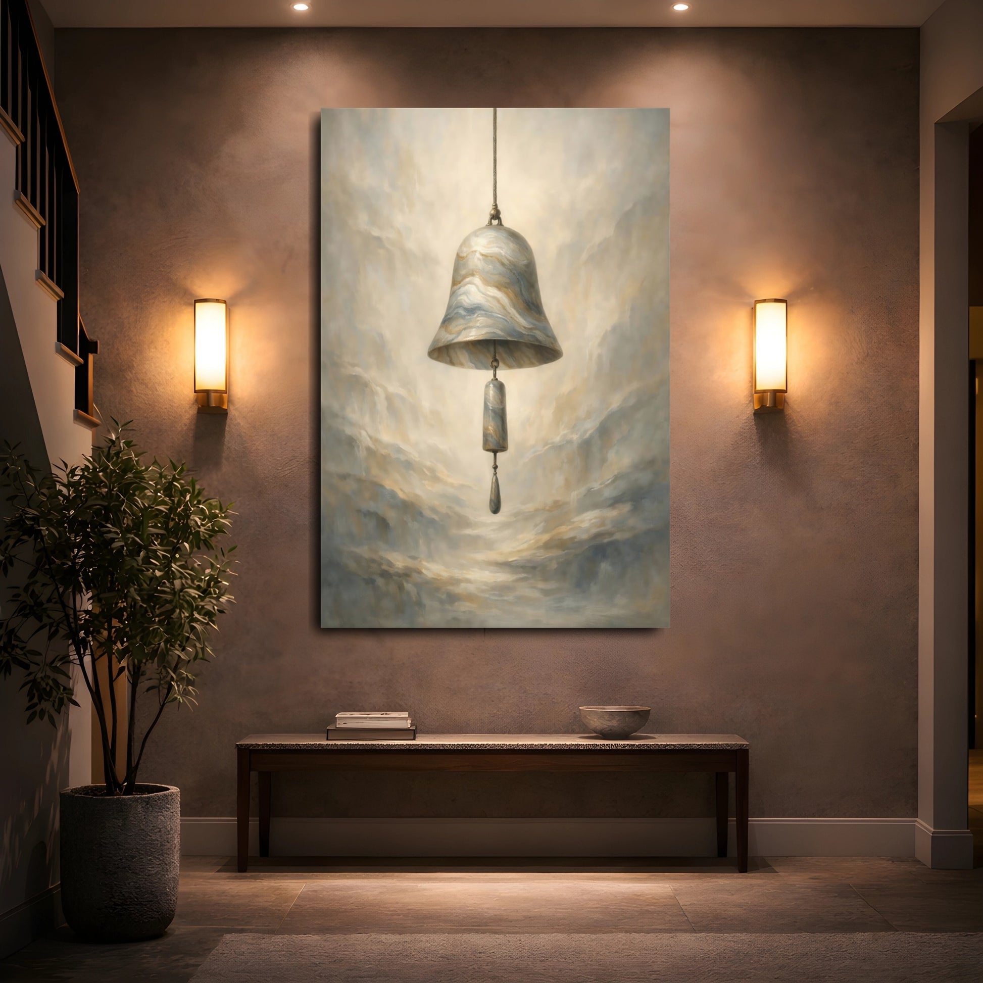 Mockup 4. Abstract Marble Bell Gold Gray Bell shown as stretched canvas wall art