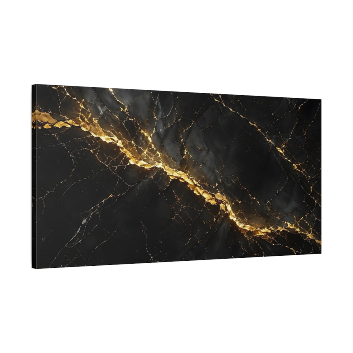 Main Mockup. Abstract Marble Black And Gold shown as stretched canvas wall art