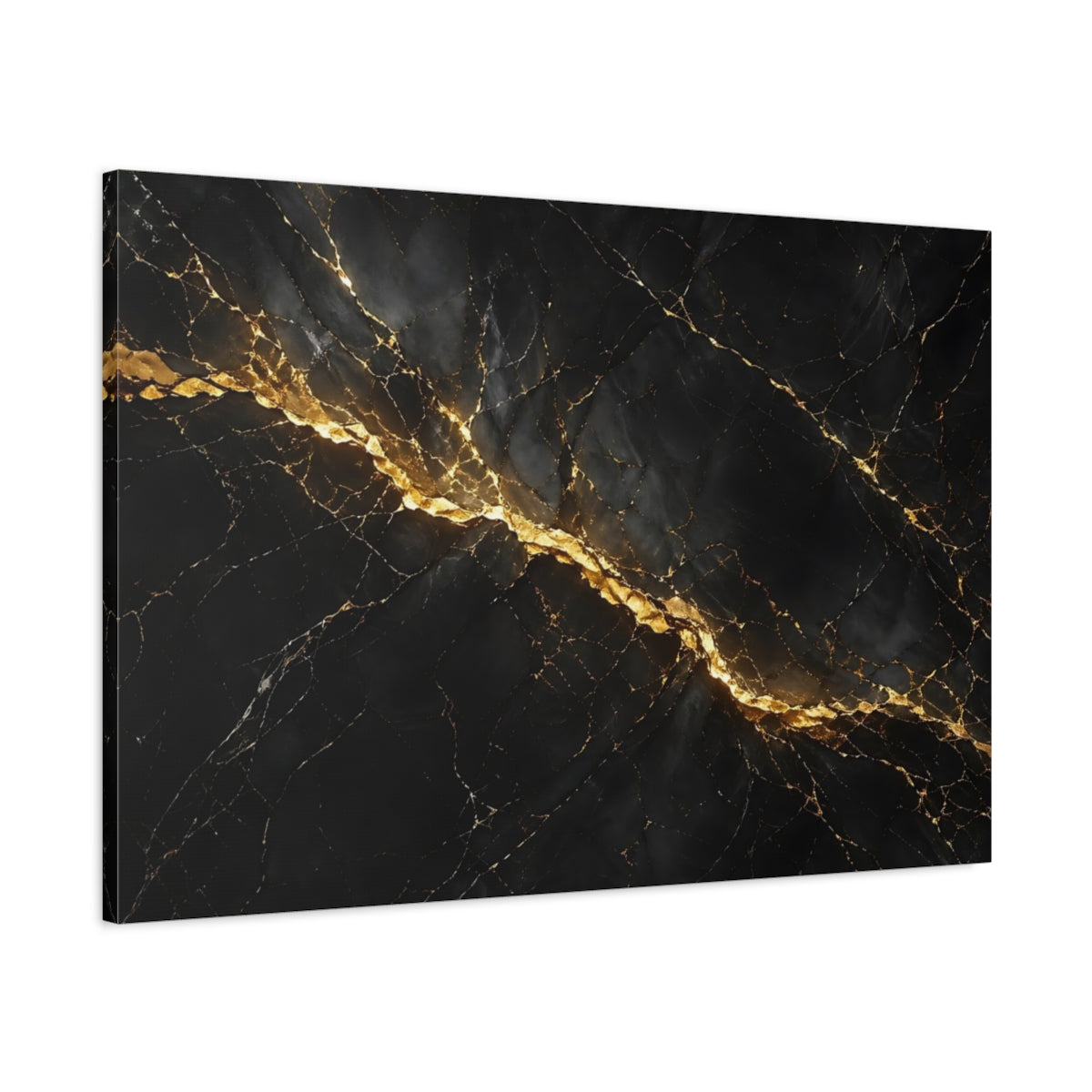 Main Mockup. Abstract Marble Black And Gold shown as stretched canvas wall art