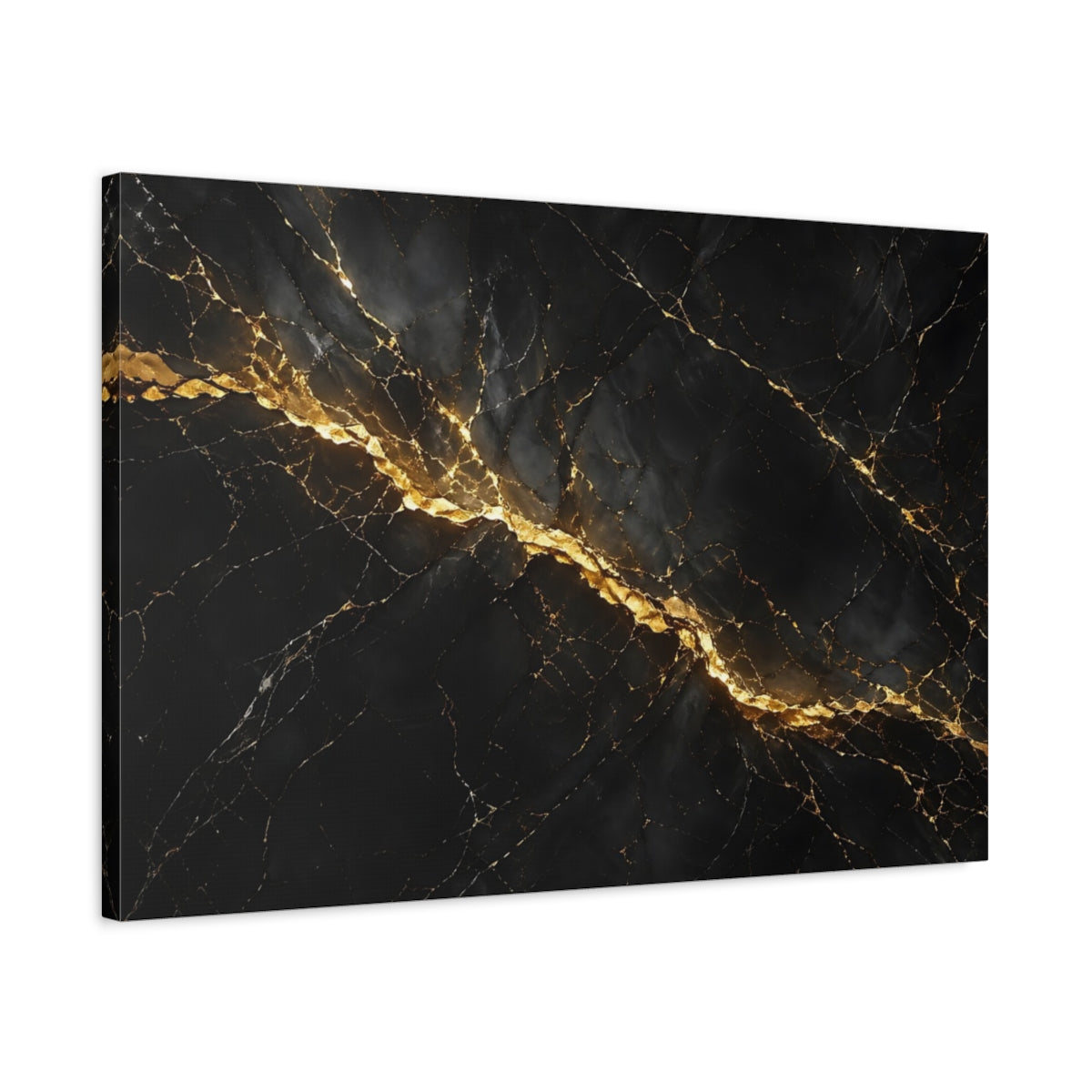 Side Mockup 2. Abstract Marble Black And Gold shown as stretched canvas wall art