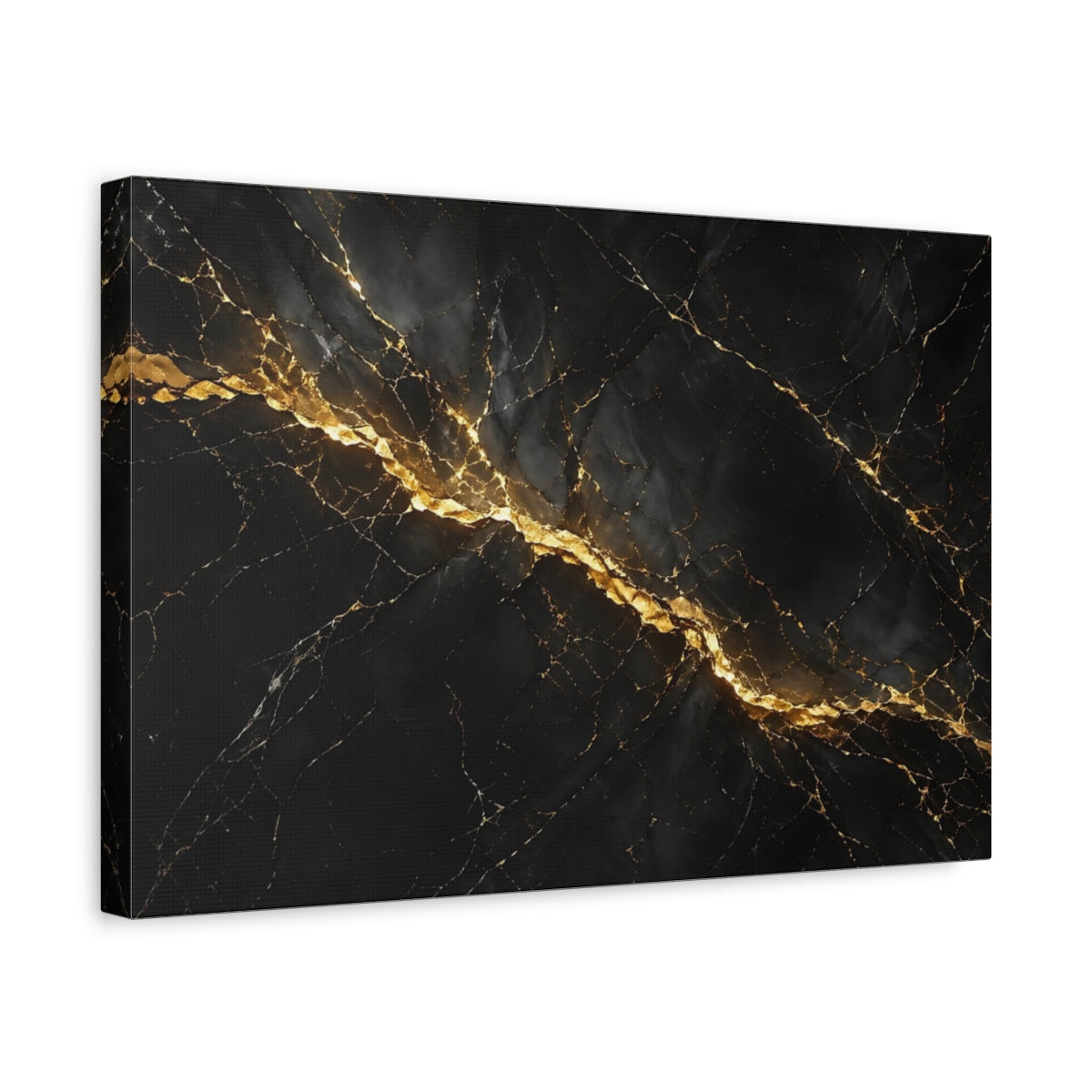 Side Mockup 4. Abstract Marble Black And Gold shown as stretched canvas wall art