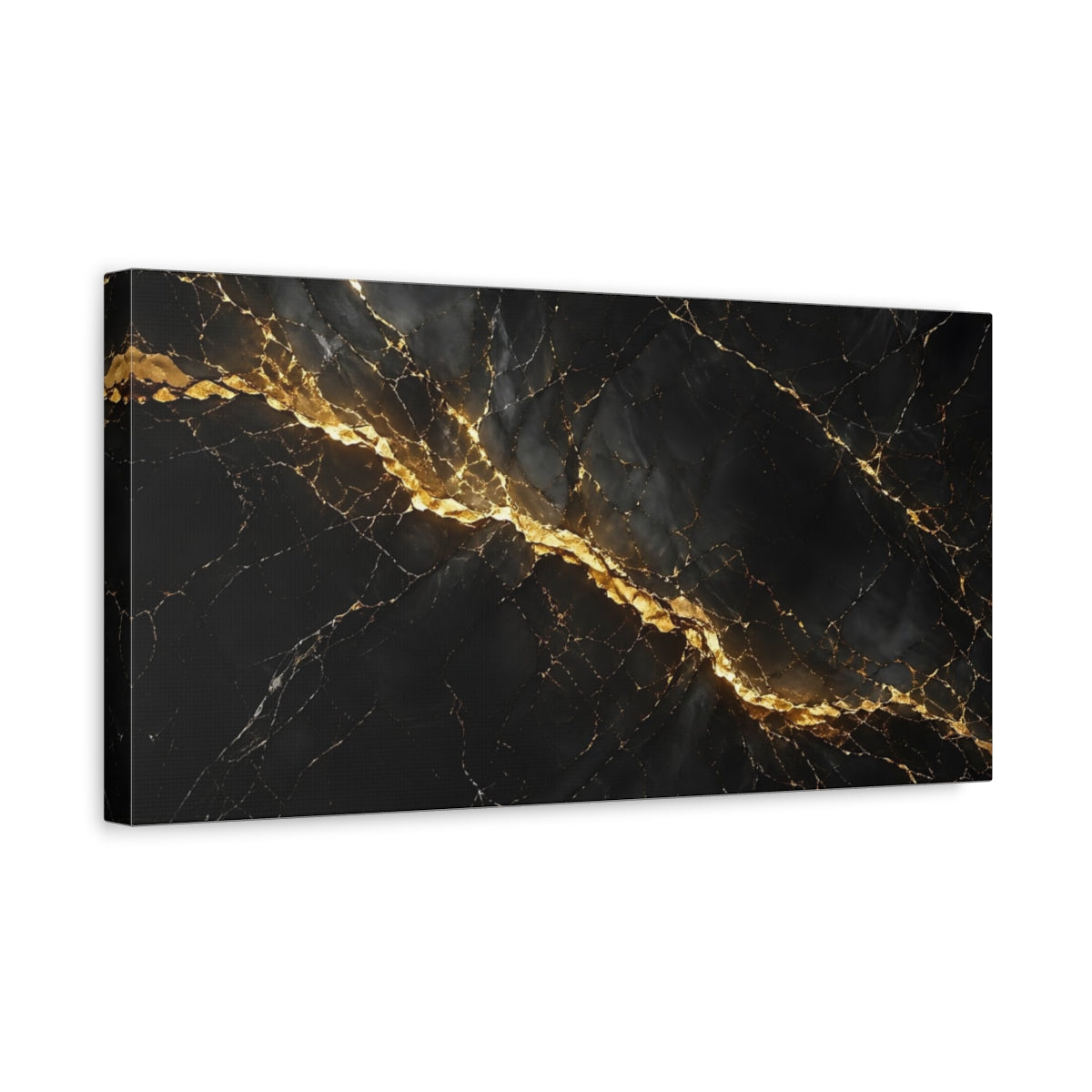 Side Mockup 3. Abstract Marble Black And Gold shown as stretched canvas wall art