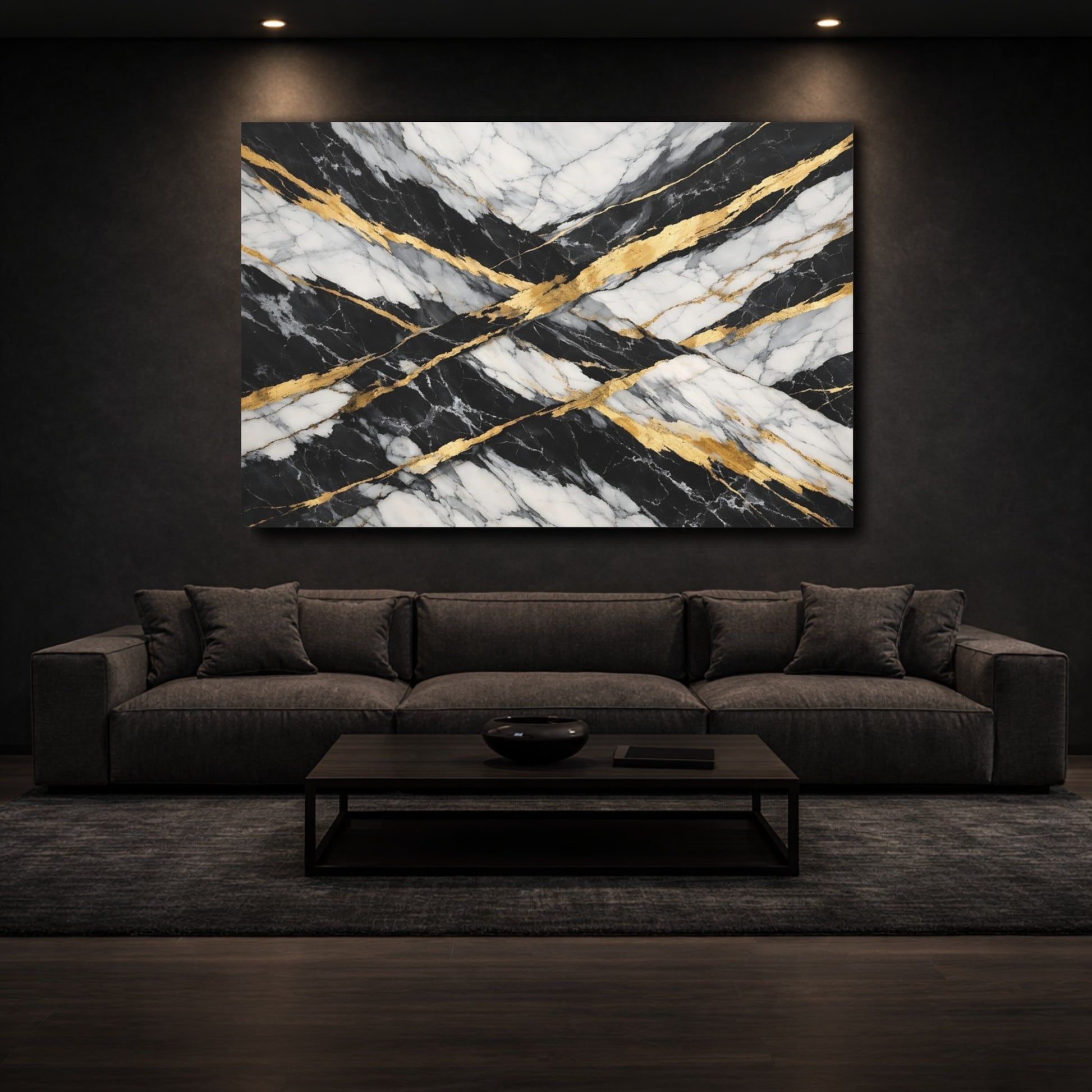 Mockup 2. Abstract Marble Black And Gold shown as stretched canvas wall art