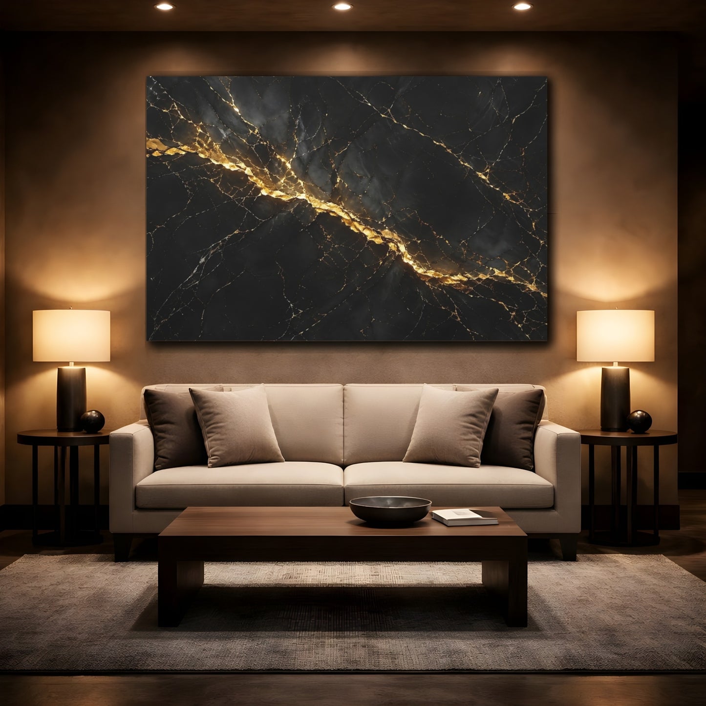 Mockup 2. Abstract Marble Black And Gold shown as stretched canvas wall art