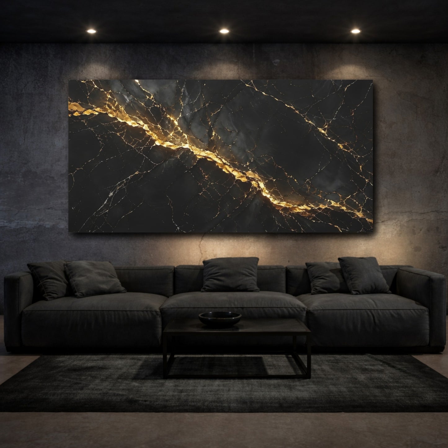 Mockup 2. Abstract Marble Black And Gold shown as stretched canvas wall art