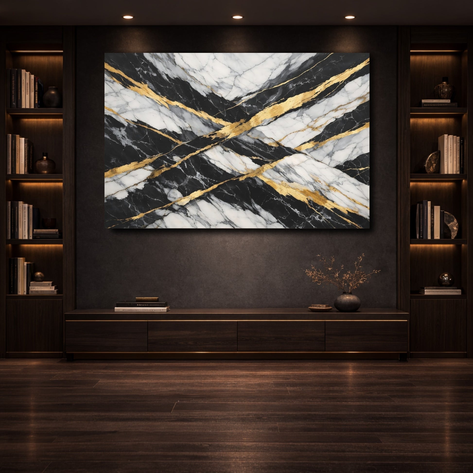 Mockup 3. Abstract Marble Black And Gold shown as stretched canvas wall art