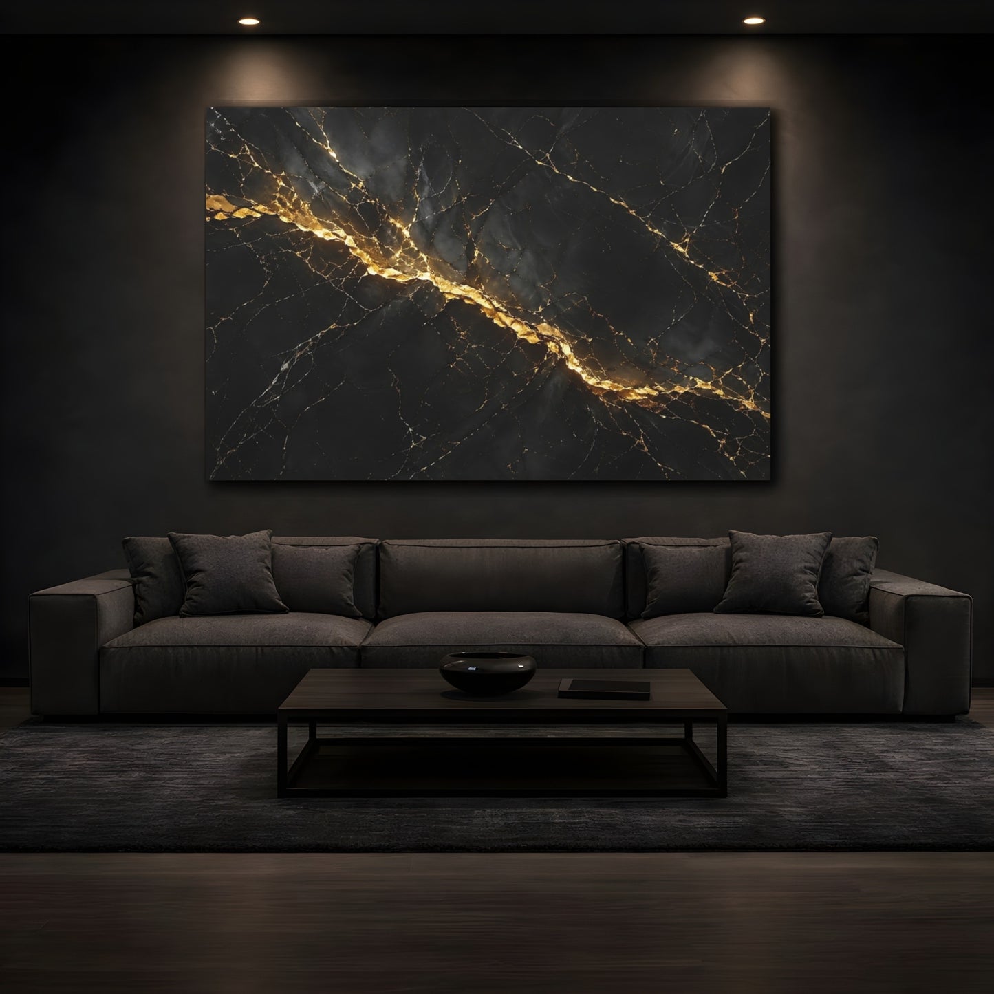 Mockup 3. Abstract Marble Black And Gold shown as stretched canvas wall art