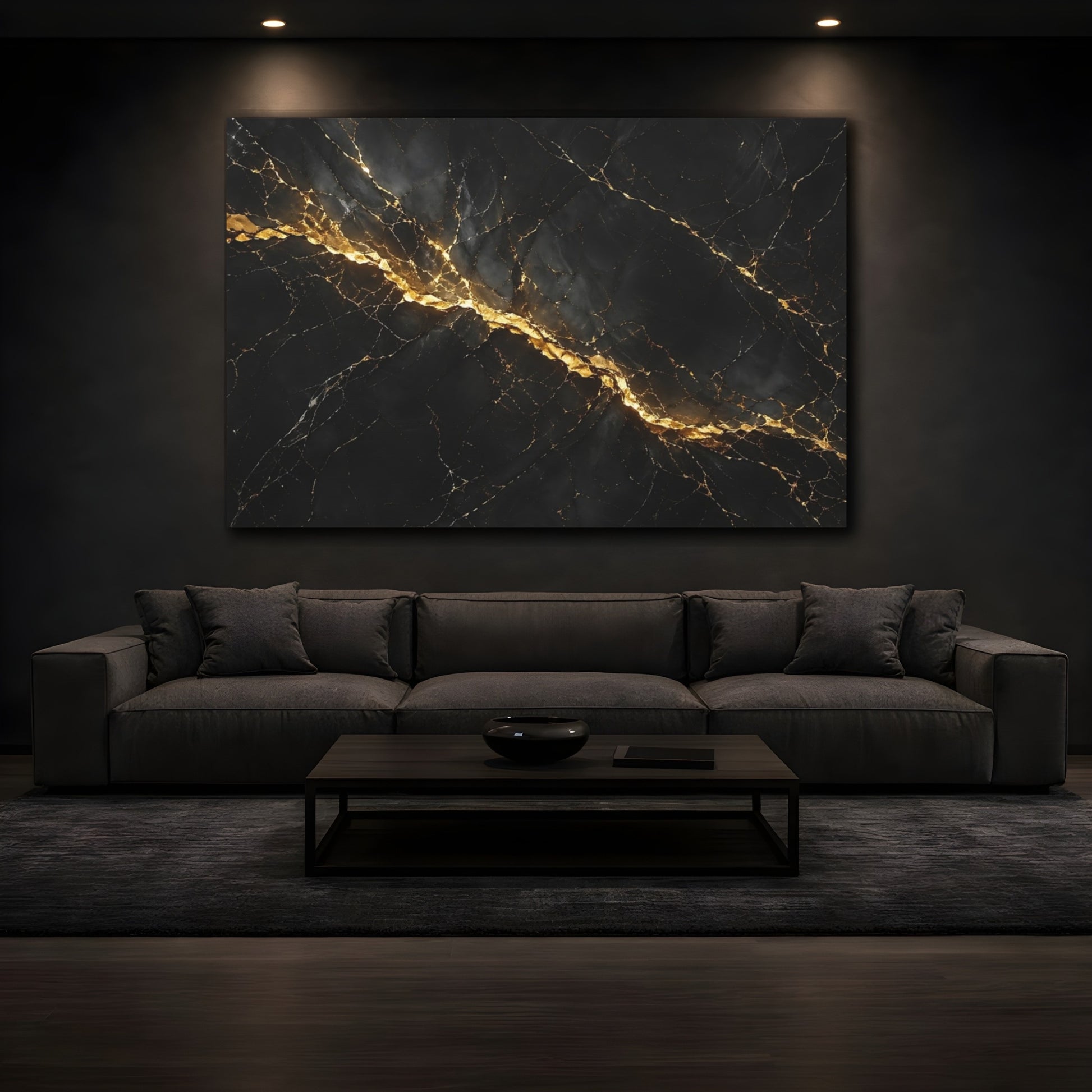 Mockup 3. Abstract Marble Black And Gold shown as stretched canvas wall art