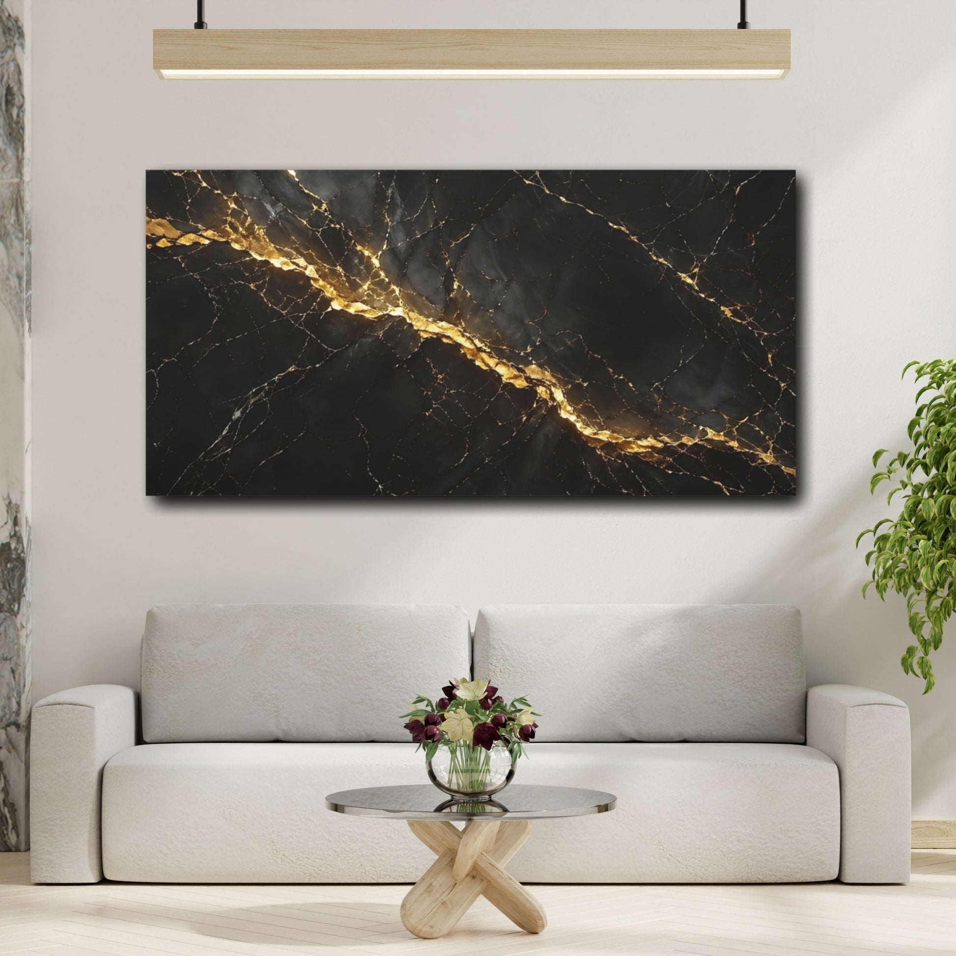 Mockup 3. Abstract Marble Black And Gold shown as stretched canvas wall art
