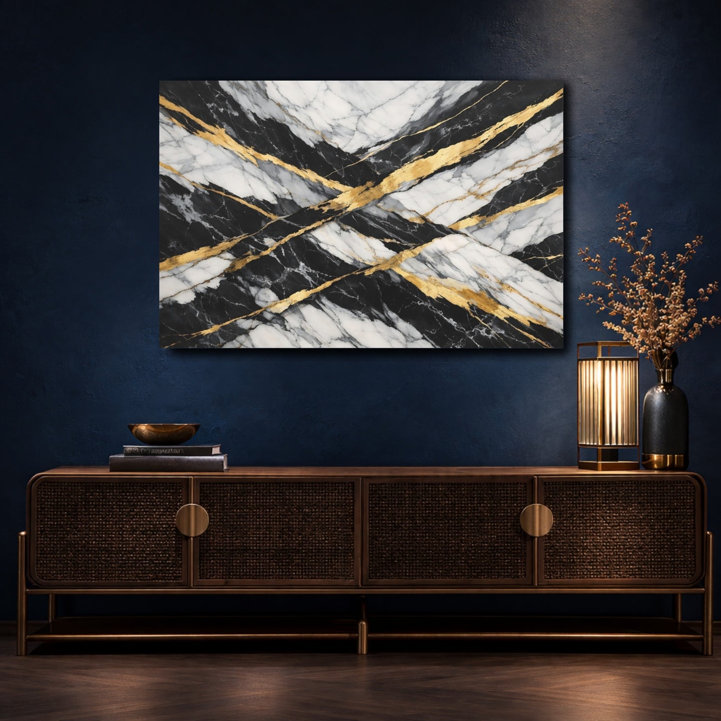 Mockup 4. Abstract Marble Black And Gold shown as stretched canvas wall art