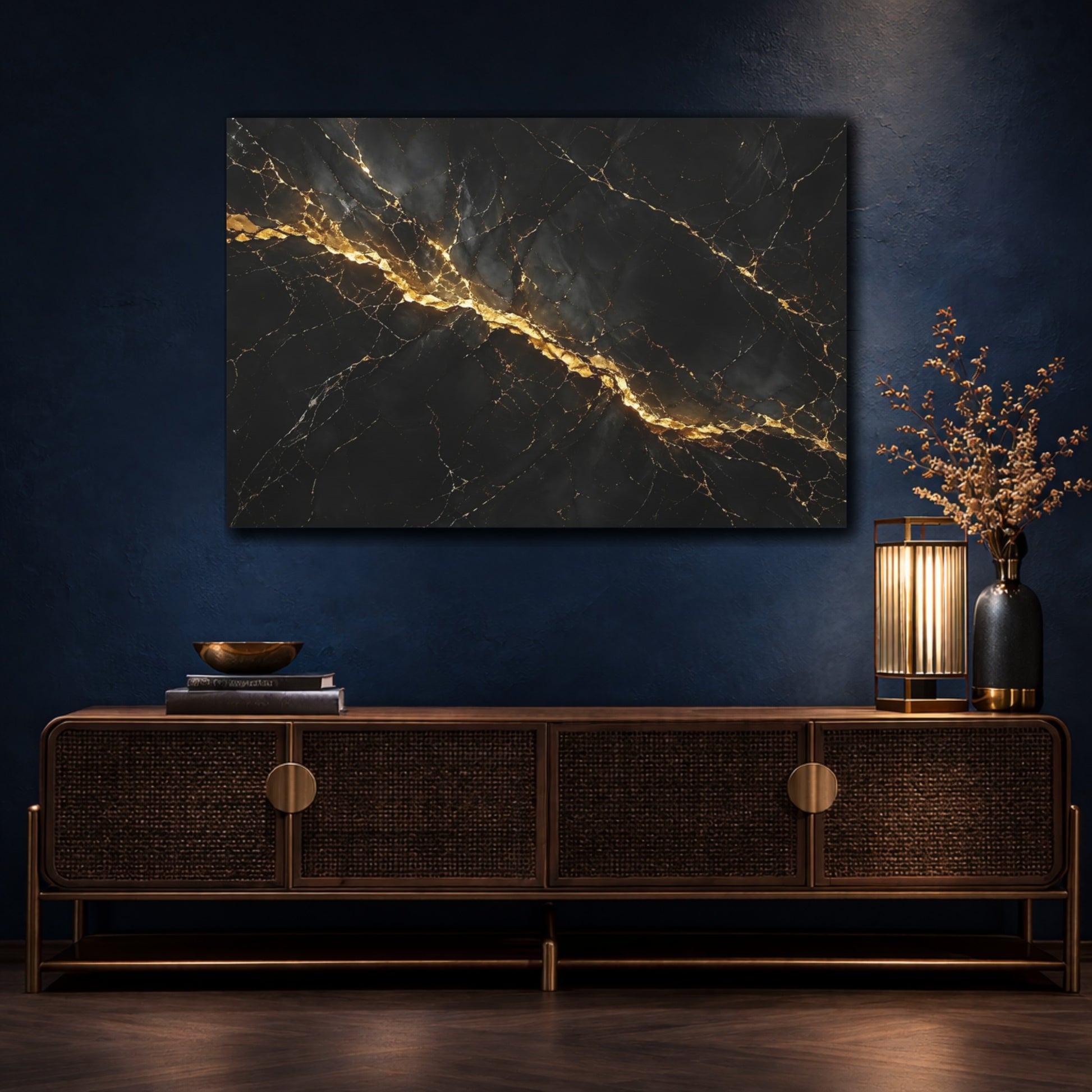 Mockup 4. Abstract Marble Black And Gold shown as stretched canvas wall art