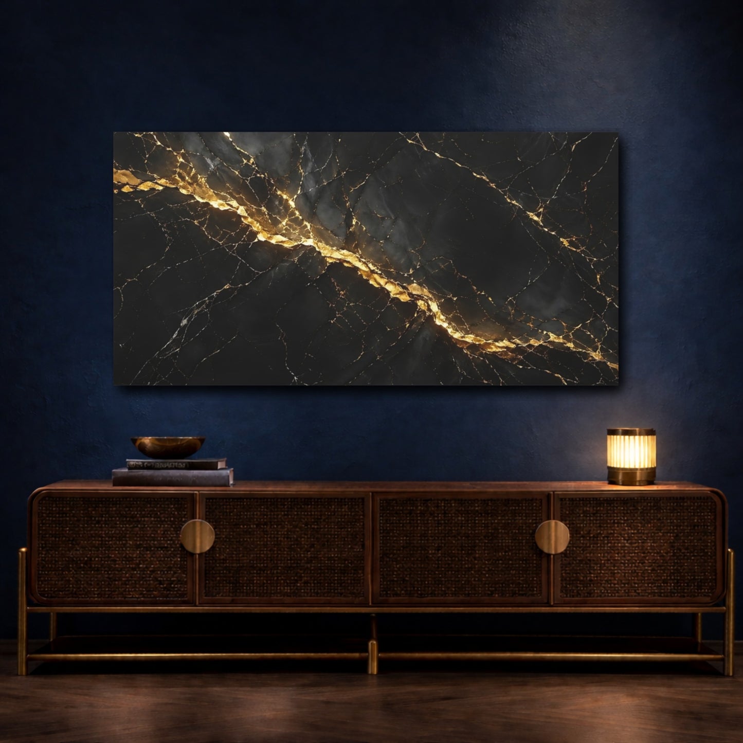Mockup 4. Abstract Marble Black And Gold shown as stretched canvas wall art