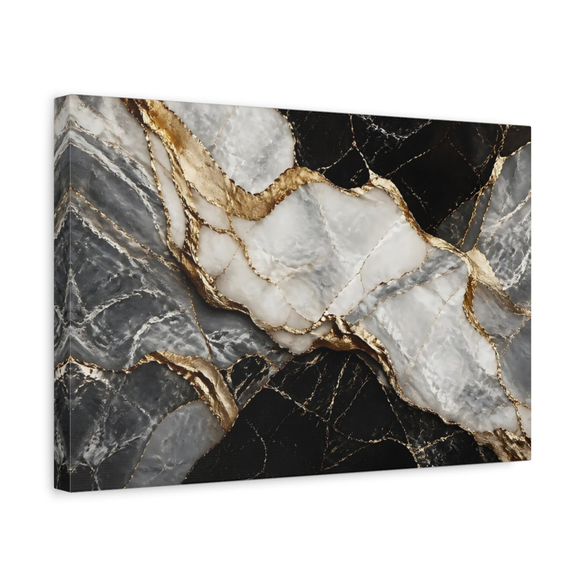 Side Mockup 4. Abstract Marble Black Gold Marble shown as stretched canvas wall art