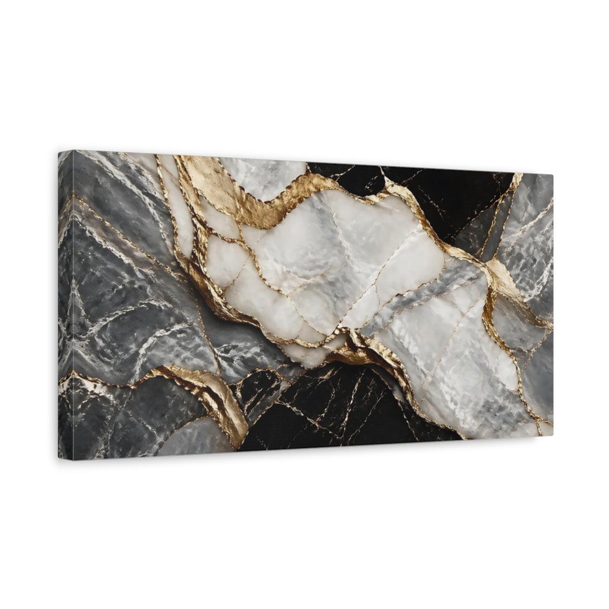 Side Mockup 3. Abstract Marble Black Gold Marble shown as stretched canvas wall art