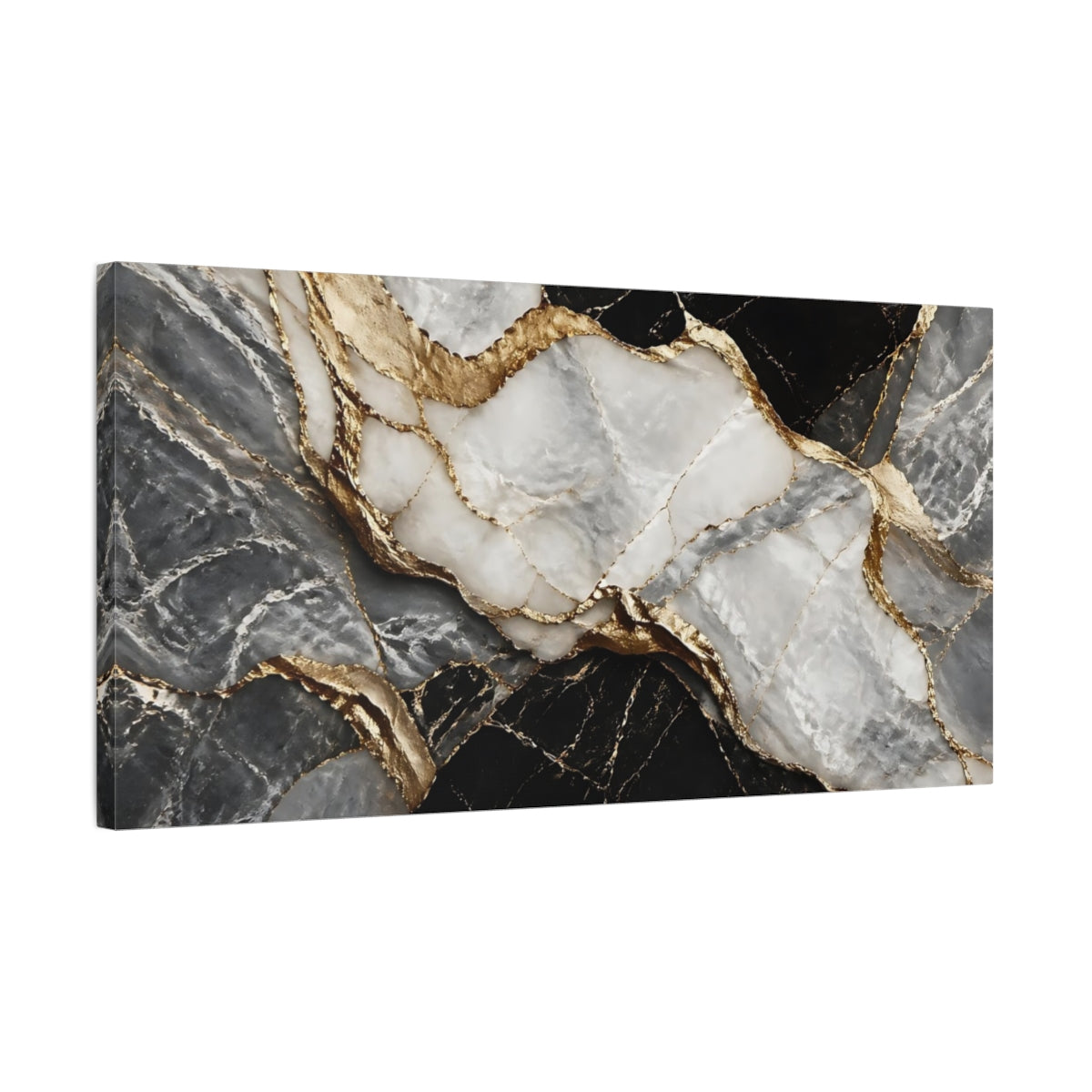 Side Mockup 1. Abstract Marble Black Gold Marble shown as stretched canvas wall art