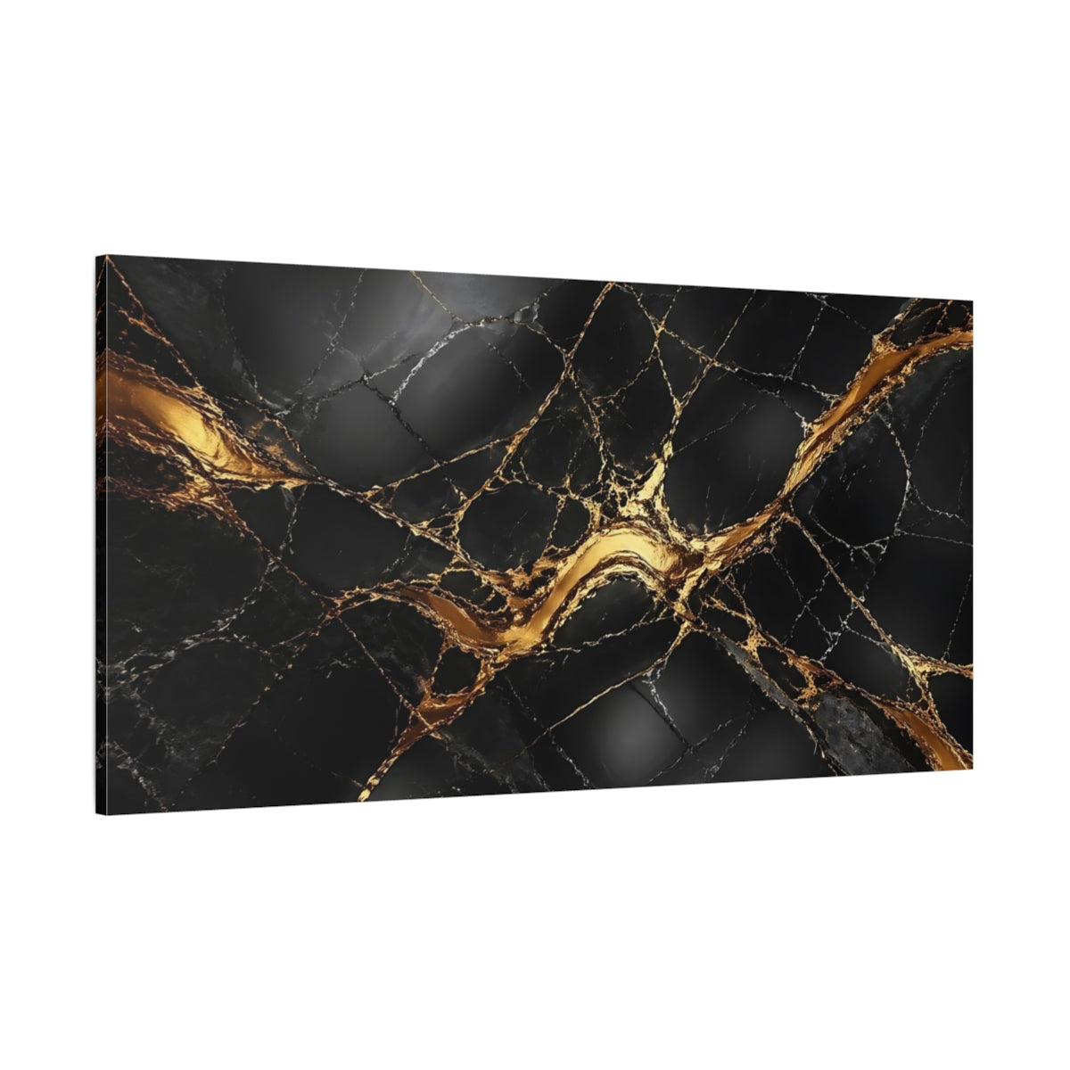Side Mockup 2. Abstract Marble Black Gold Marble shown as stretched canvas wall art