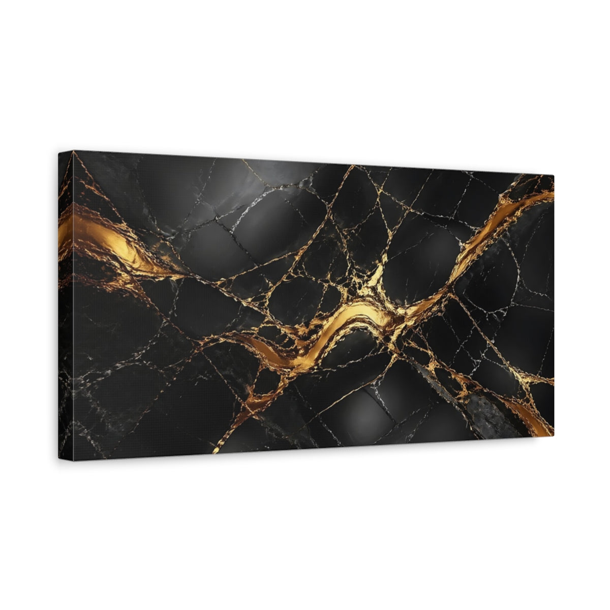 Side Mockup 3. Abstract Marble Black Gold Marble shown as stretched canvas wall art