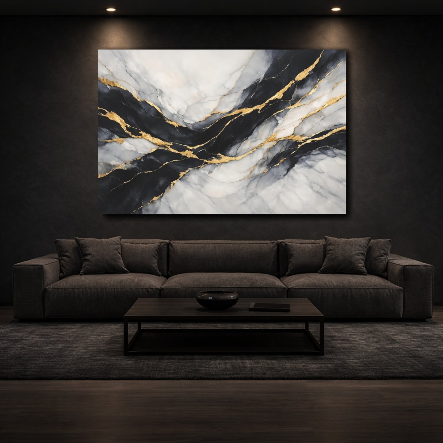 Mockup 2. Abstract Marble Black Gold Marble shown as stretched canvas wall art