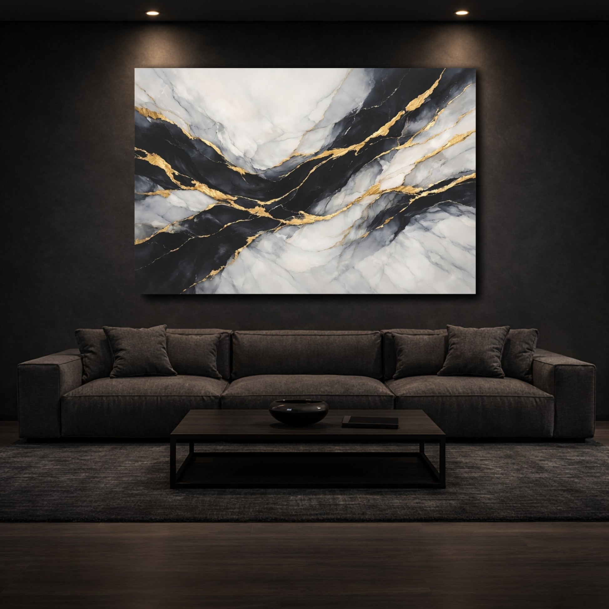 Mockup 2. Abstract Marble Black Gold Marble shown as stretched canvas wall art