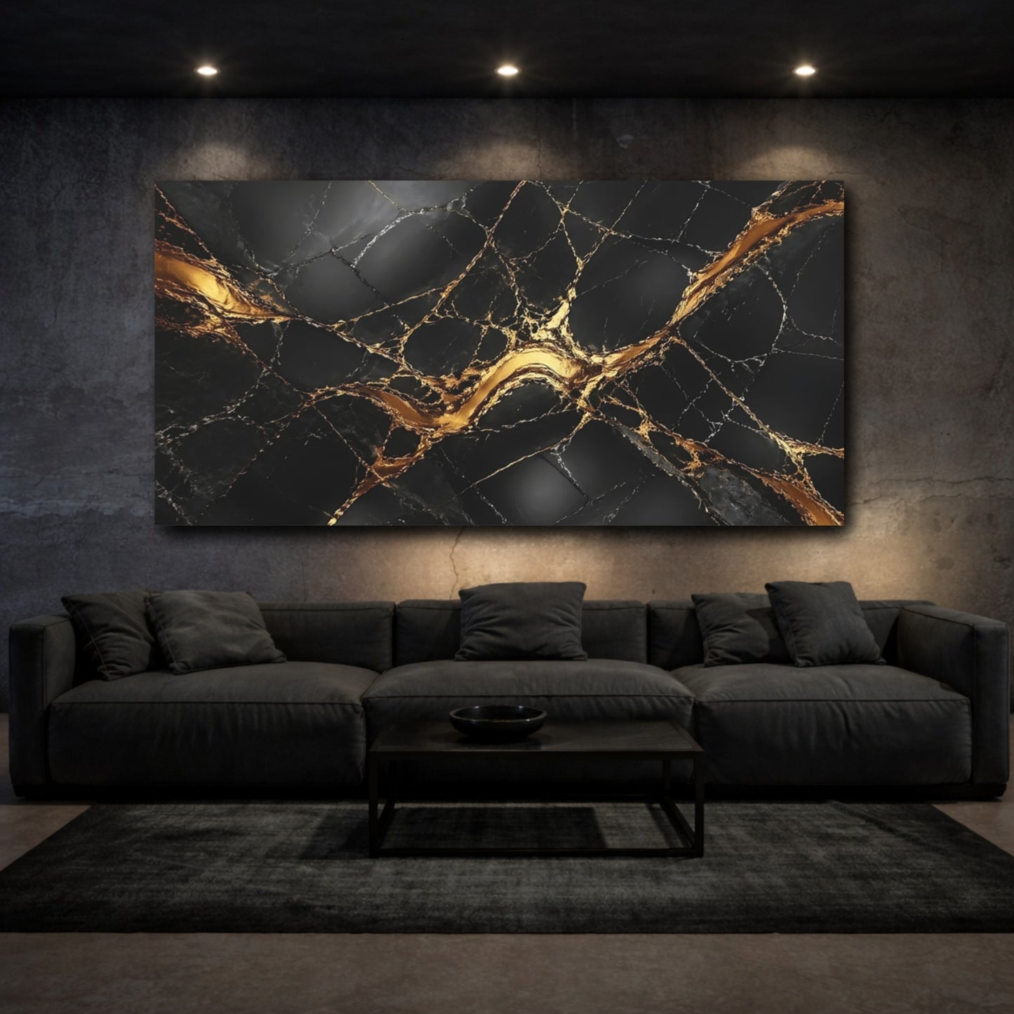 Mockup 2. Abstract Marble Black Gold Marble shown as stretched canvas wall art