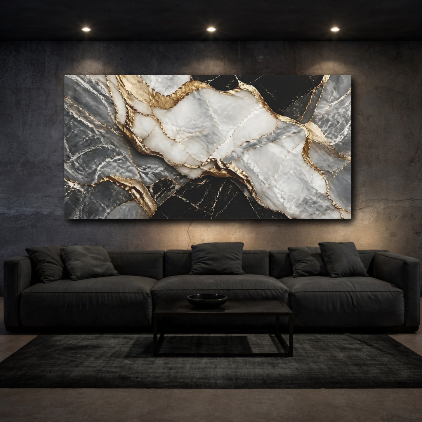 Mockup 2. Abstract Marble Black Gold Marble shown as stretched canvas wall art