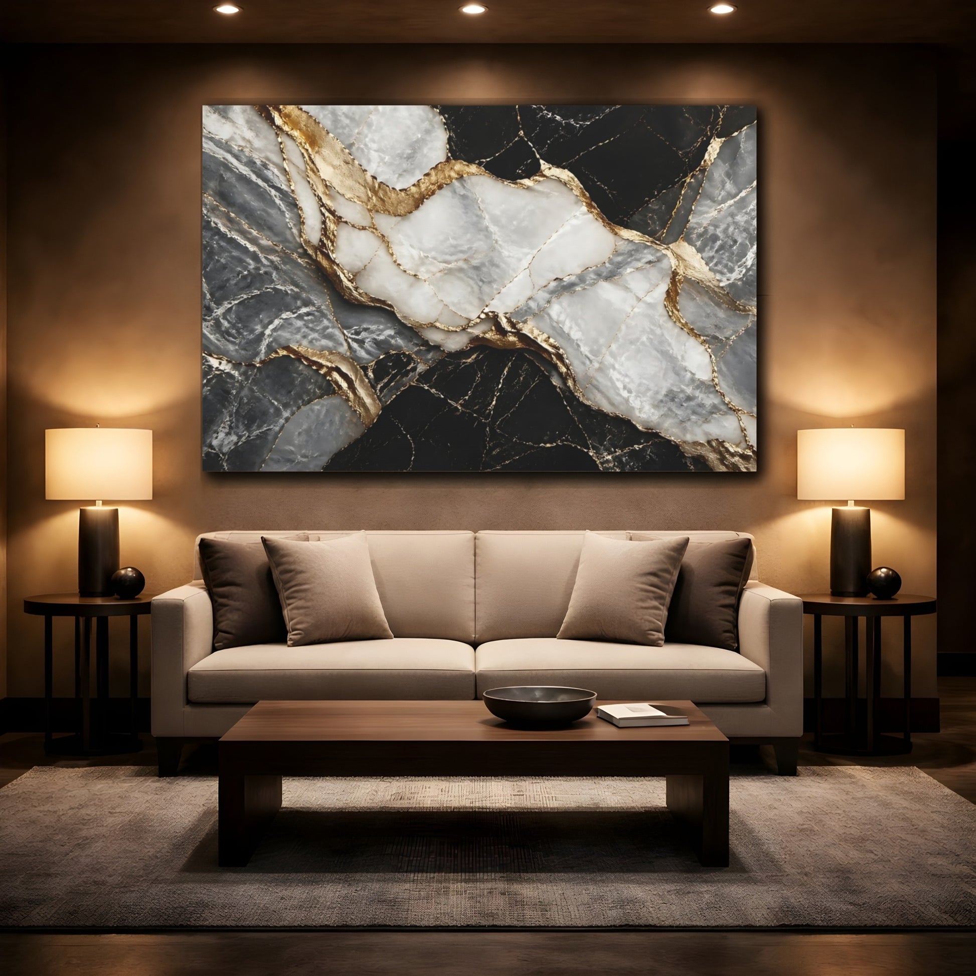 Mockup 2. Abstract Marble Black Gold Marble shown as stretched canvas wall art