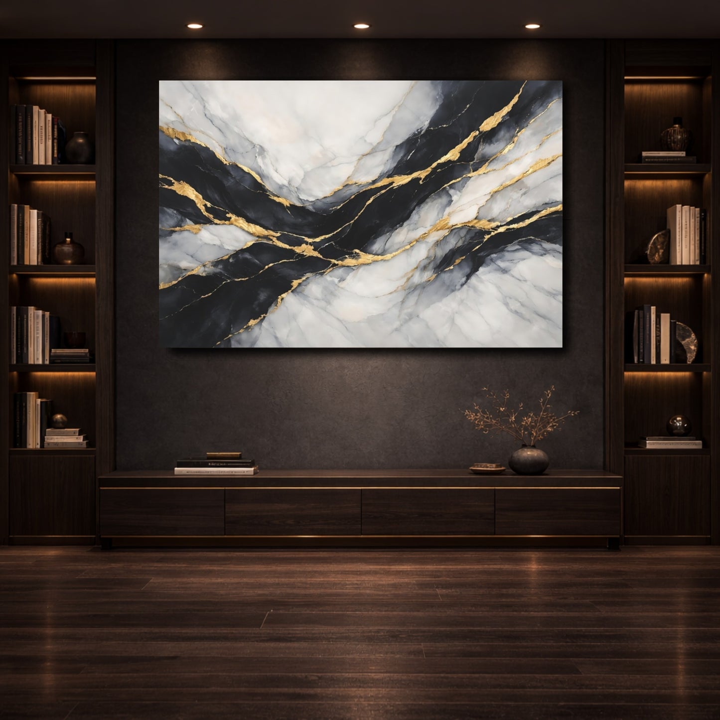 Mockup 3. Abstract Marble Black Gold Marble shown as stretched canvas wall art