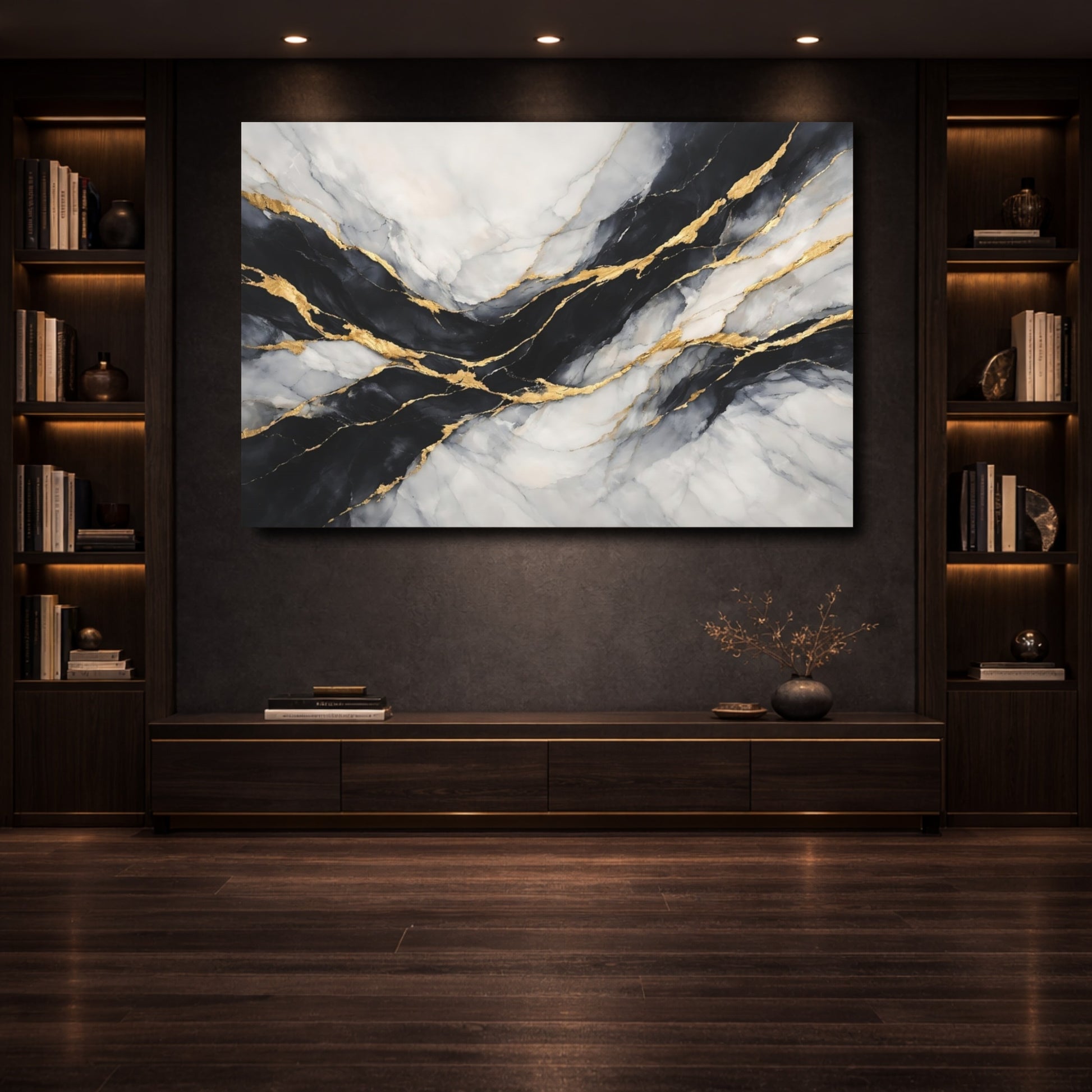 Mockup 3. Abstract Marble Black Gold Marble shown as stretched canvas wall art