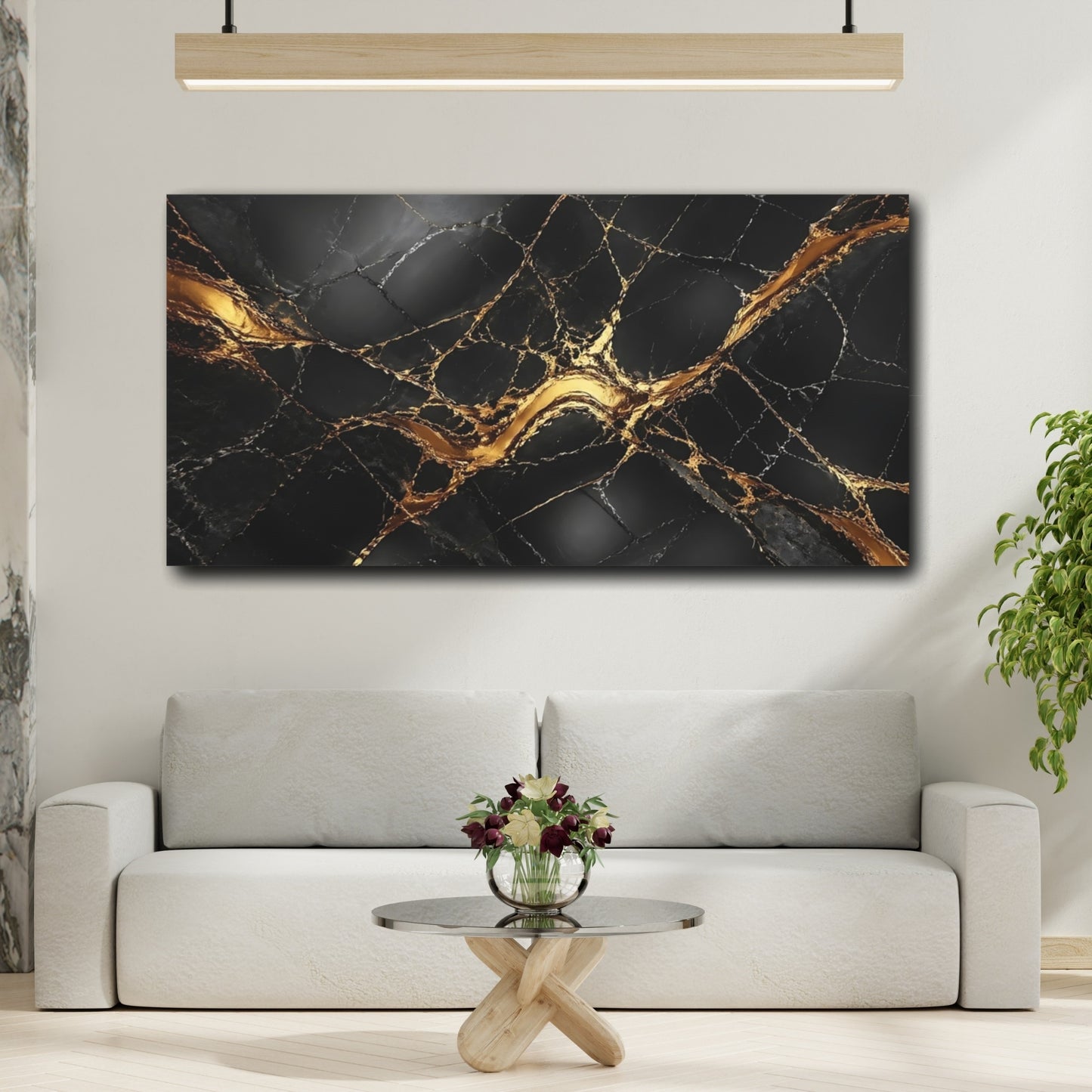 Mockup 3. Abstract Marble Black Gold Marble shown as stretched canvas wall art