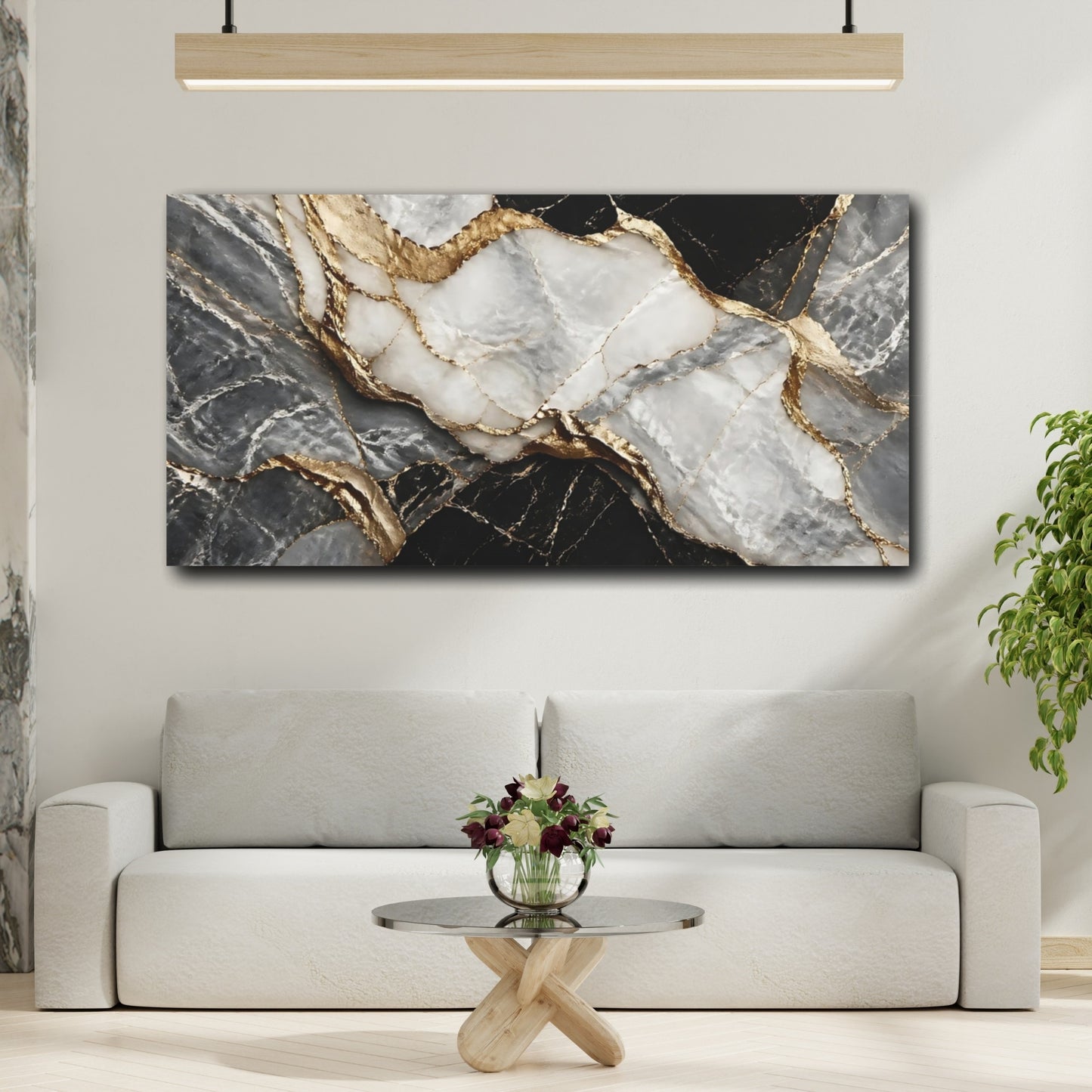 Mockup 3. Abstract Marble Black Gold Marble shown as stretched canvas wall art