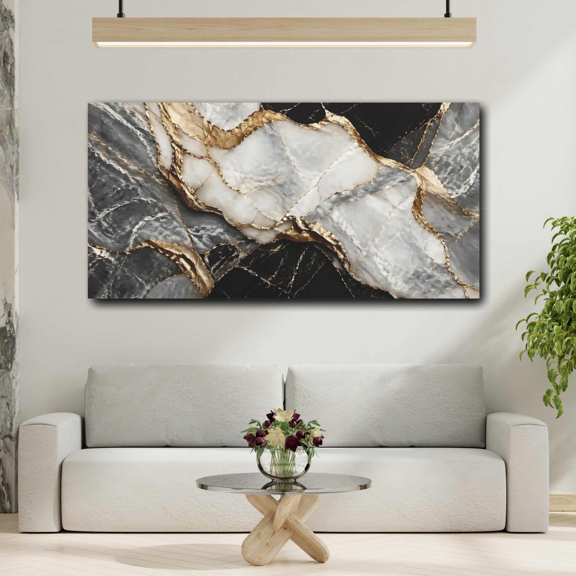 Mockup 3. Abstract Marble Black Gold Marble shown as stretched canvas wall art