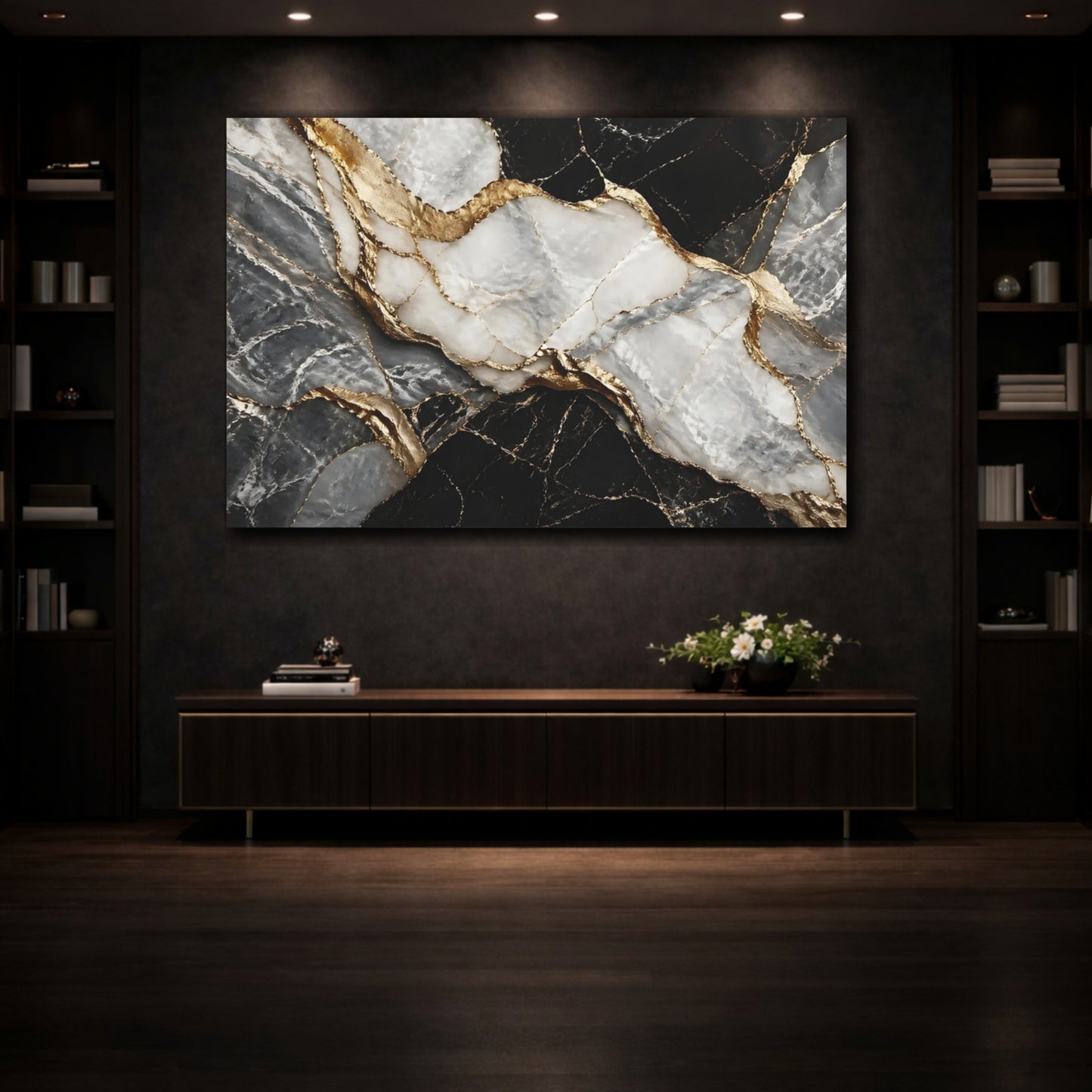 Mockup 3. Abstract Marble Black Gold Marble shown as stretched canvas wall art