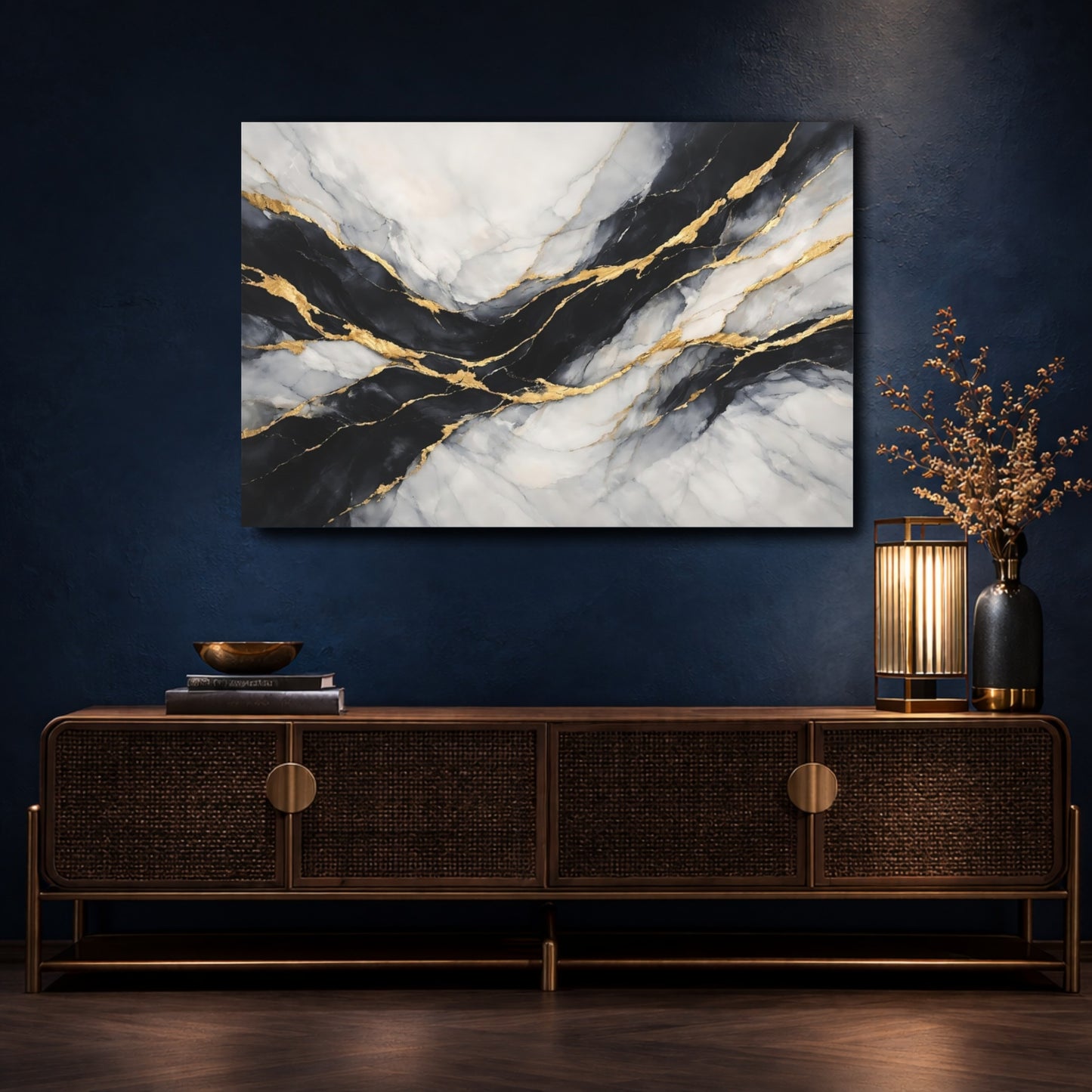 Mockup 4. Abstract Marble Black Gold Marble shown as stretched canvas wall art