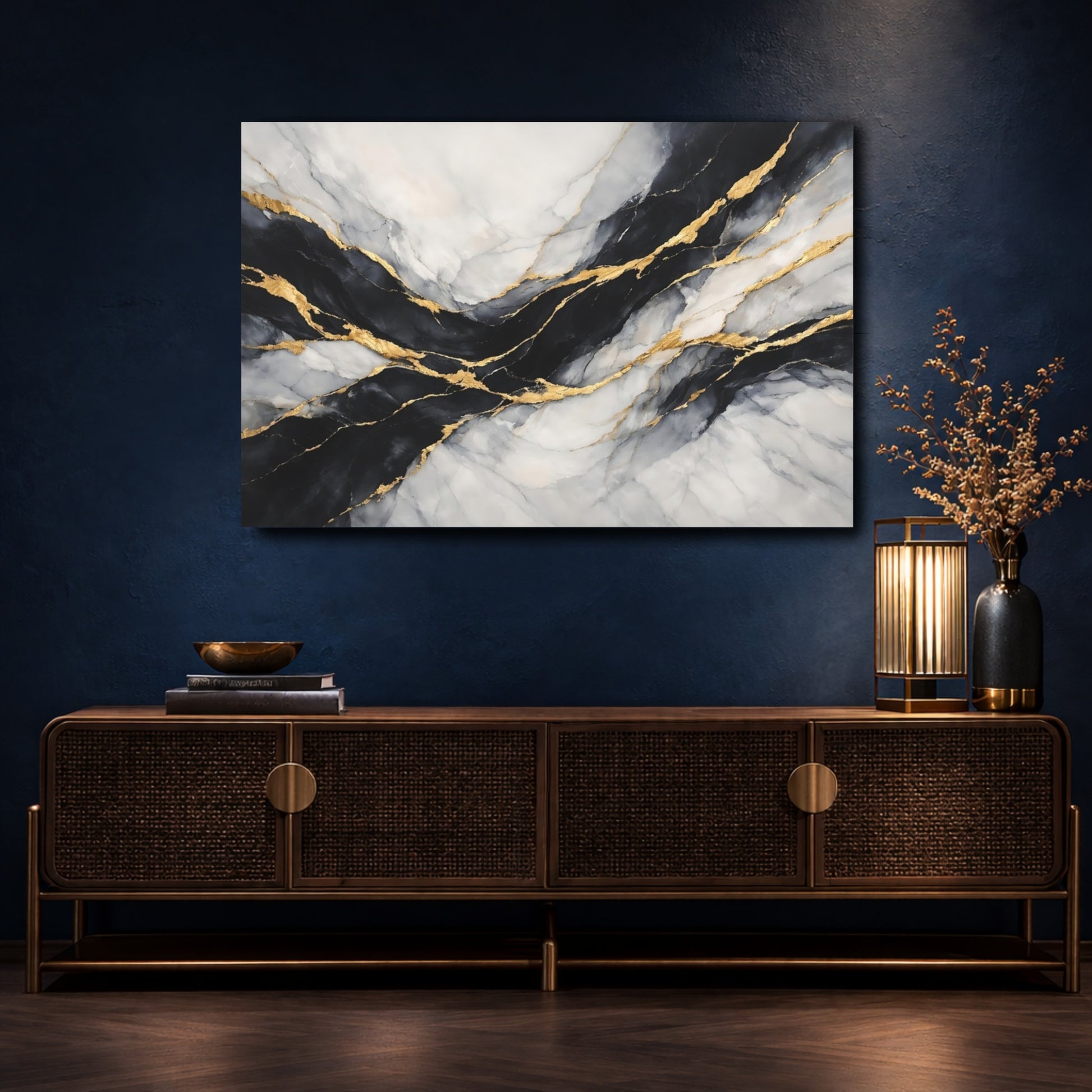 Mockup 4. Abstract Marble Black Gold Marble shown as stretched canvas wall art
