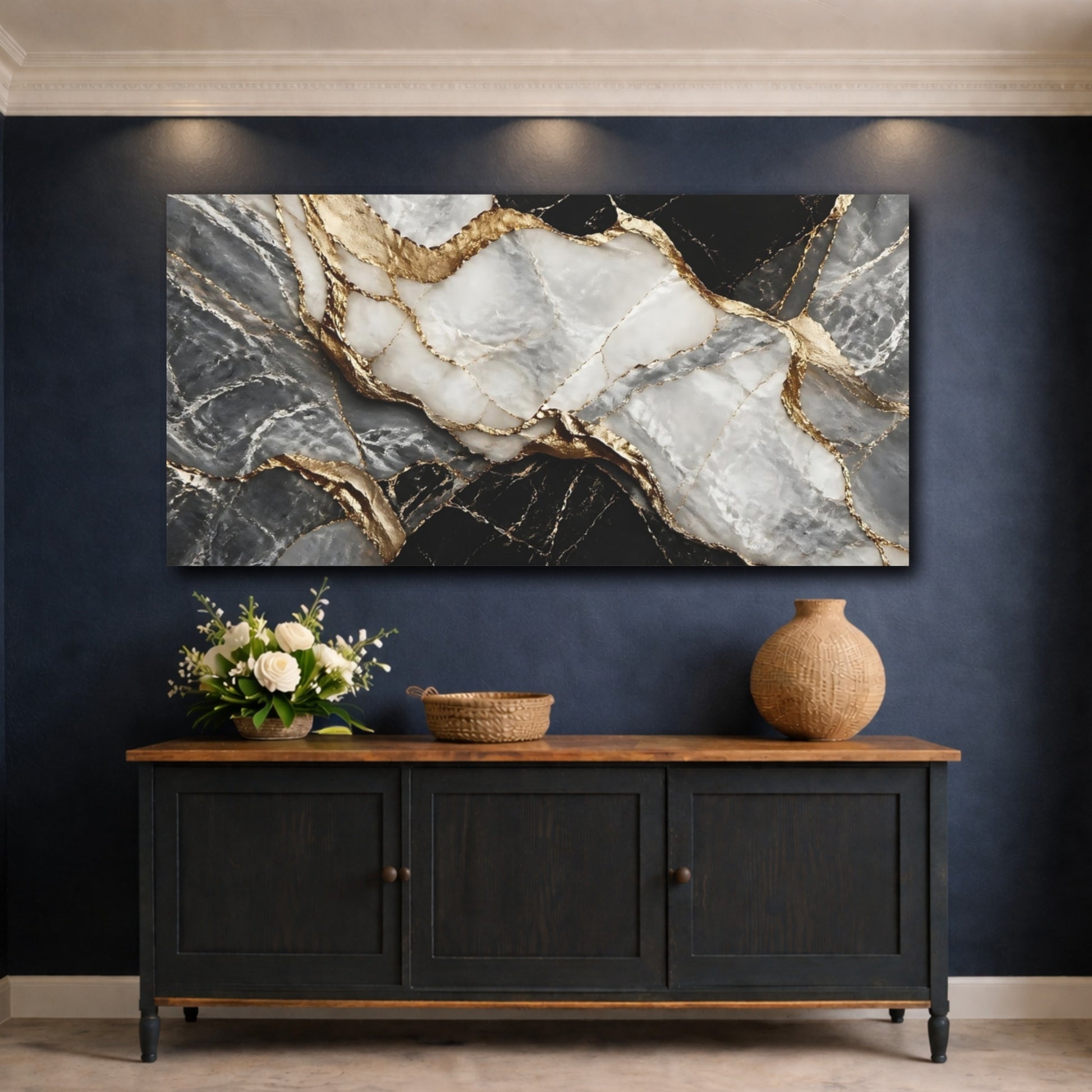 Mockup 4. Abstract Marble Black Gold Marble shown as stretched canvas wall art