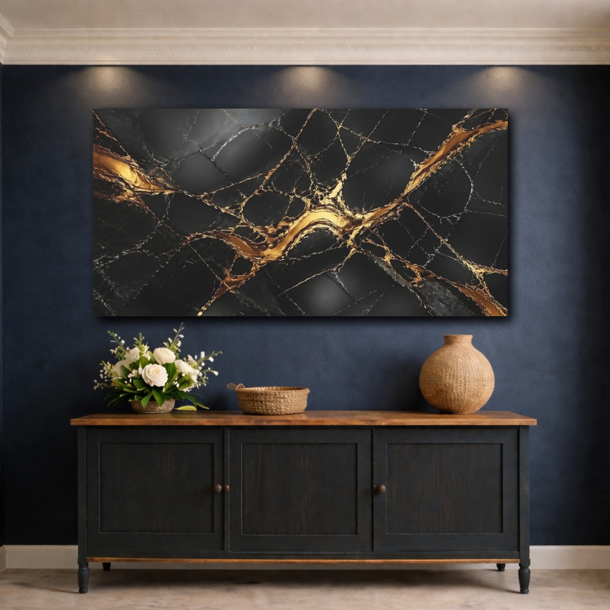 Mockup 4. Abstract Marble Black Gold Marble shown as stretched canvas wall art