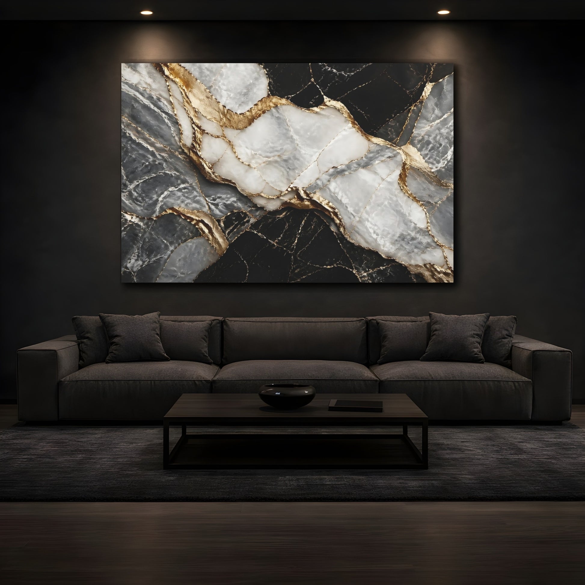 Mockup 4. Abstract Marble Black Gold Marble shown as stretched canvas wall art