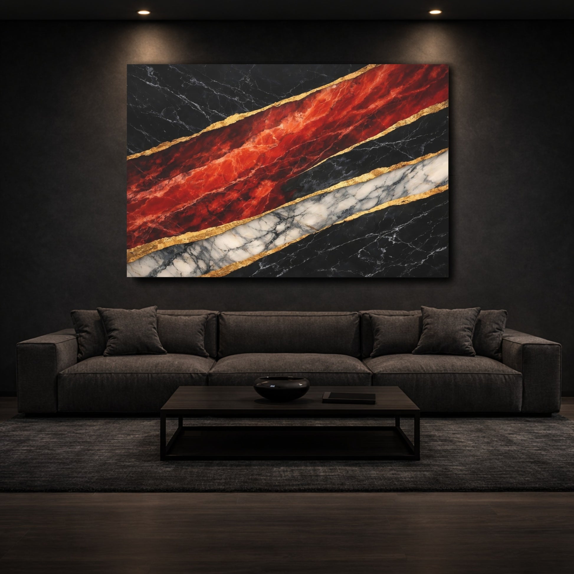 Mockup 2. Abstract Marble Black Gold Red Marble shown as stretched canvas wall art
