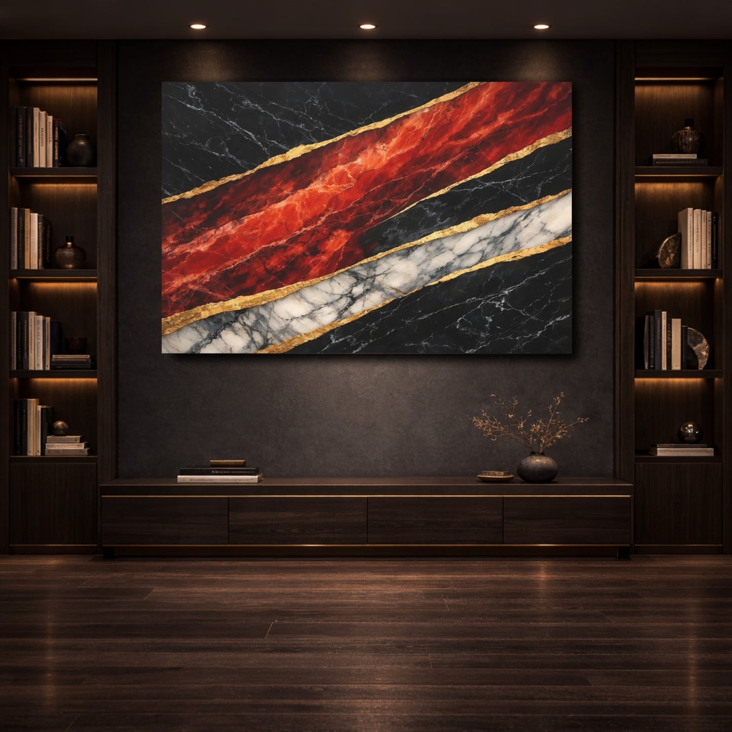 Mockup 3. Abstract Marble Black Gold Red Marble shown as stretched canvas wall art