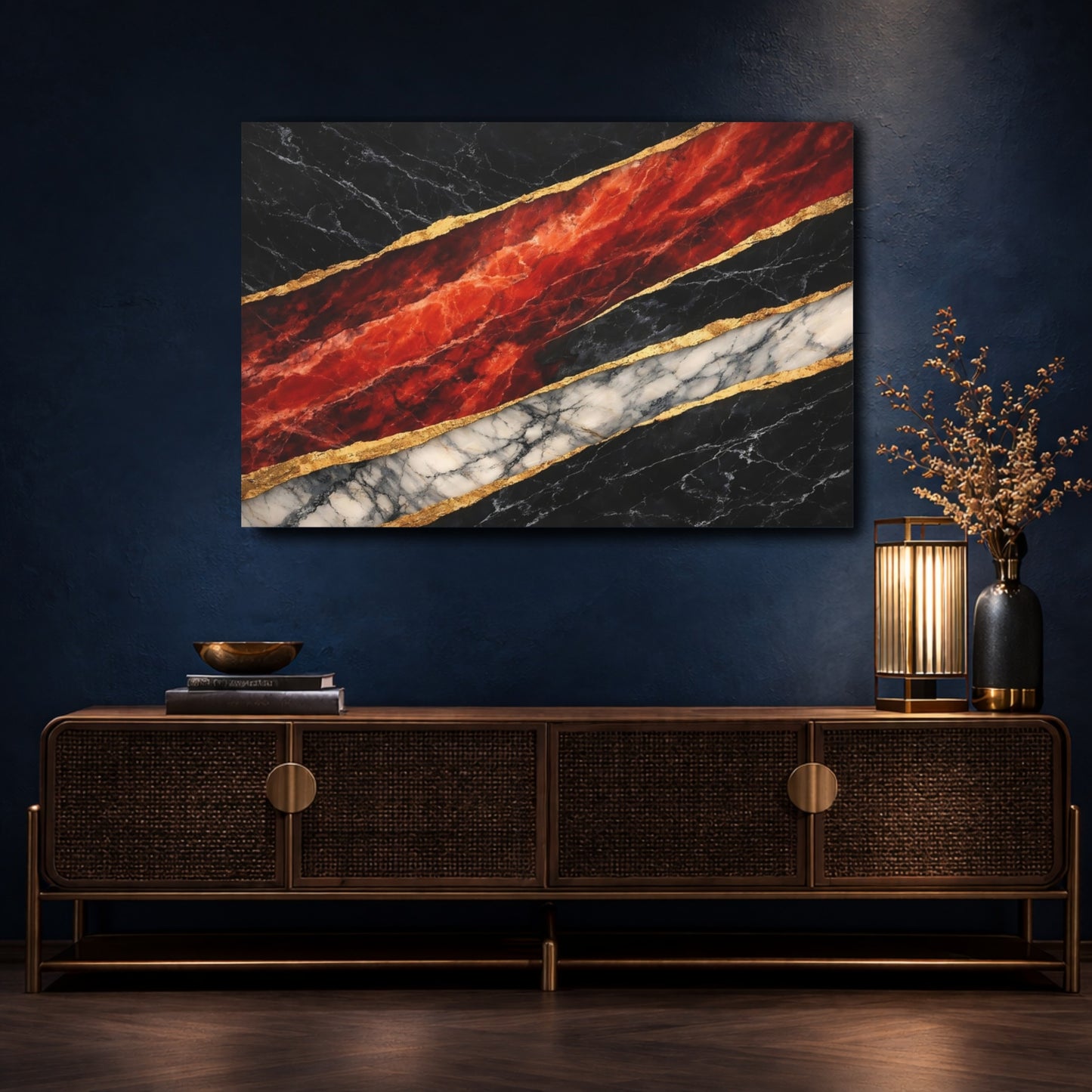 Mockup 4. Abstract Marble Black Gold Red Marble shown as stretched canvas wall art
