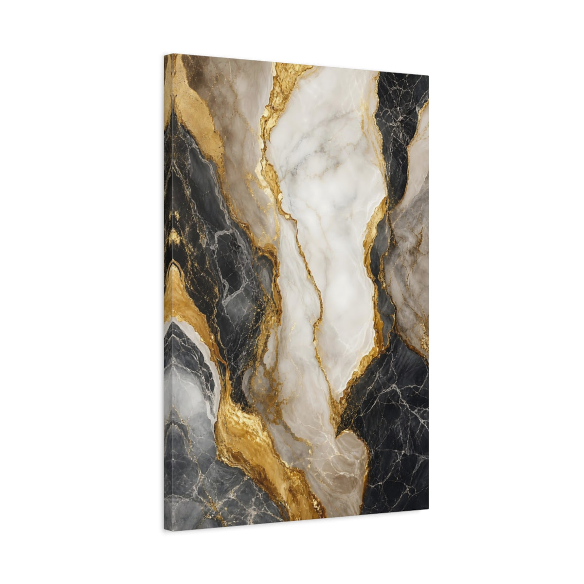 Side Mockup 2. Abstract Marble Black White Gold Marble shown as stretched canvas wall art